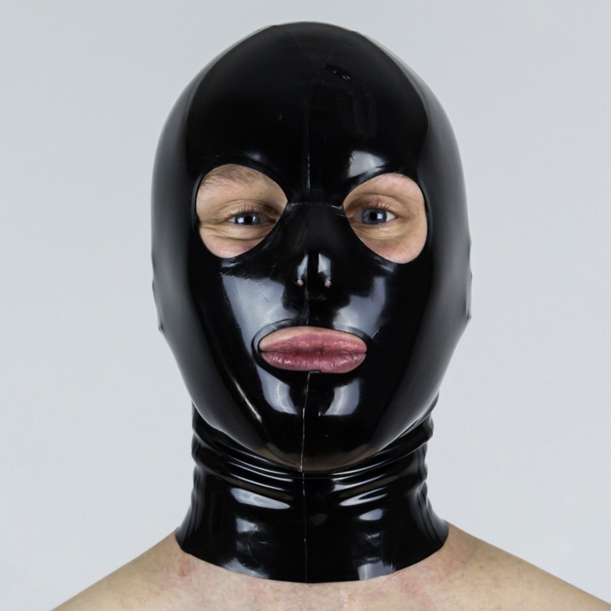 Latex rubber mediumweight medium-weight accessories mask hood bdsm-hood gimp-hood anatomical back-zip full-zip zipper eyeholes eye-holes mouth-hole nostrils nostril-holes shiny glossy fetish fashion alt-fashion bdsm kink kinky kinky-play gay pride black