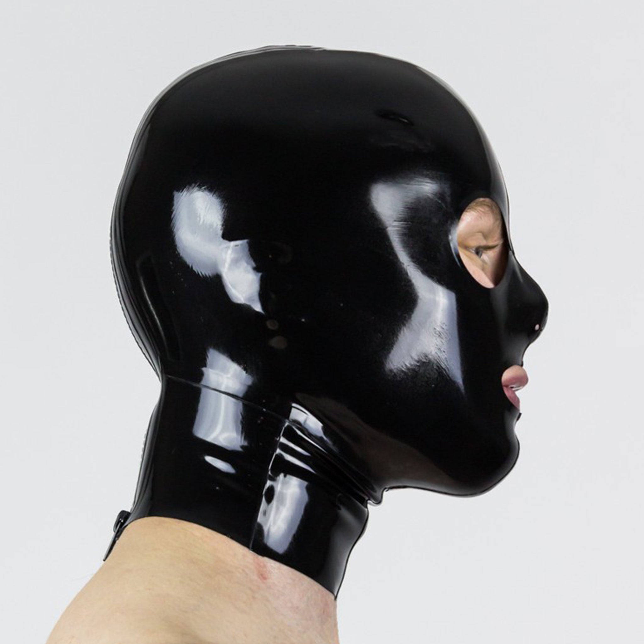 Latex rubber mediumweight medium-weight accessories mask hood bdsm-hood gimp-hood anatomical back-zip full-zip zipper eyeholes eye-holes mouth-hole nostrils nostril-holes shiny glossy fetish fashion alt-fashion bdsm kink kinky kinky-play gay pride black