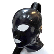 Latex rubber accessories head-gear headgear hood mask anatomical contrast-trim synthetic-hair ponytail pony-tail high-set zipper back-zip hair-protector shiny glossy bad-bitch fetish fashion alt-fashion bondage bdsm bdsm-gear kink kinky kinky-play kinkwear costume cosplay halloween unisex black black-hair brunette