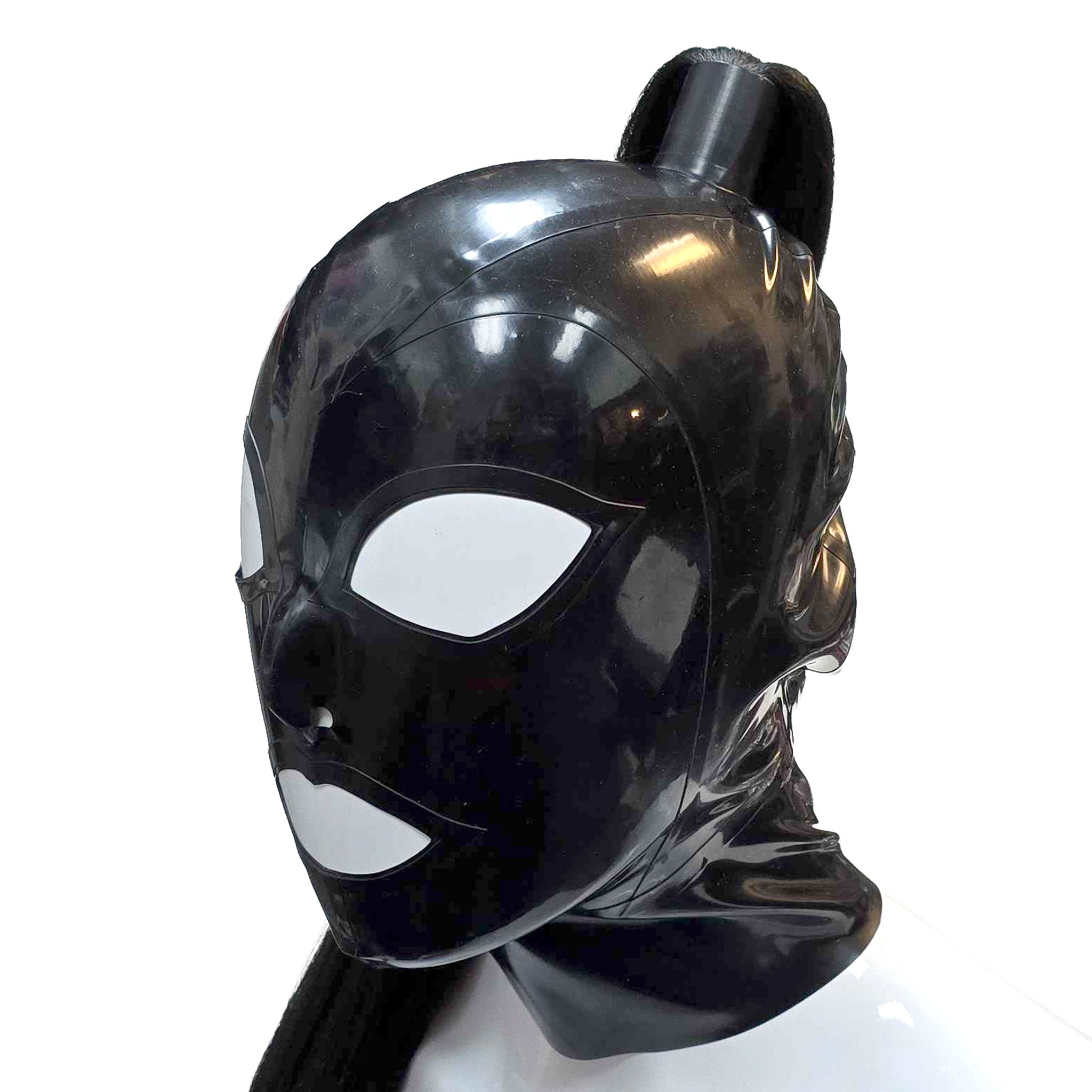 Latex rubber accessories head-gear headgear hood mask anatomical contrast-trim synthetic-hair ponytail pony-tail high-set zipper back-zip hair-protector shiny glossy bad-bitch fetish fashion alt-fashion bondage bdsm bdsm-gear kink kinky kinky-play kinkwear costume cosplay halloween unisex black black-hair brunette