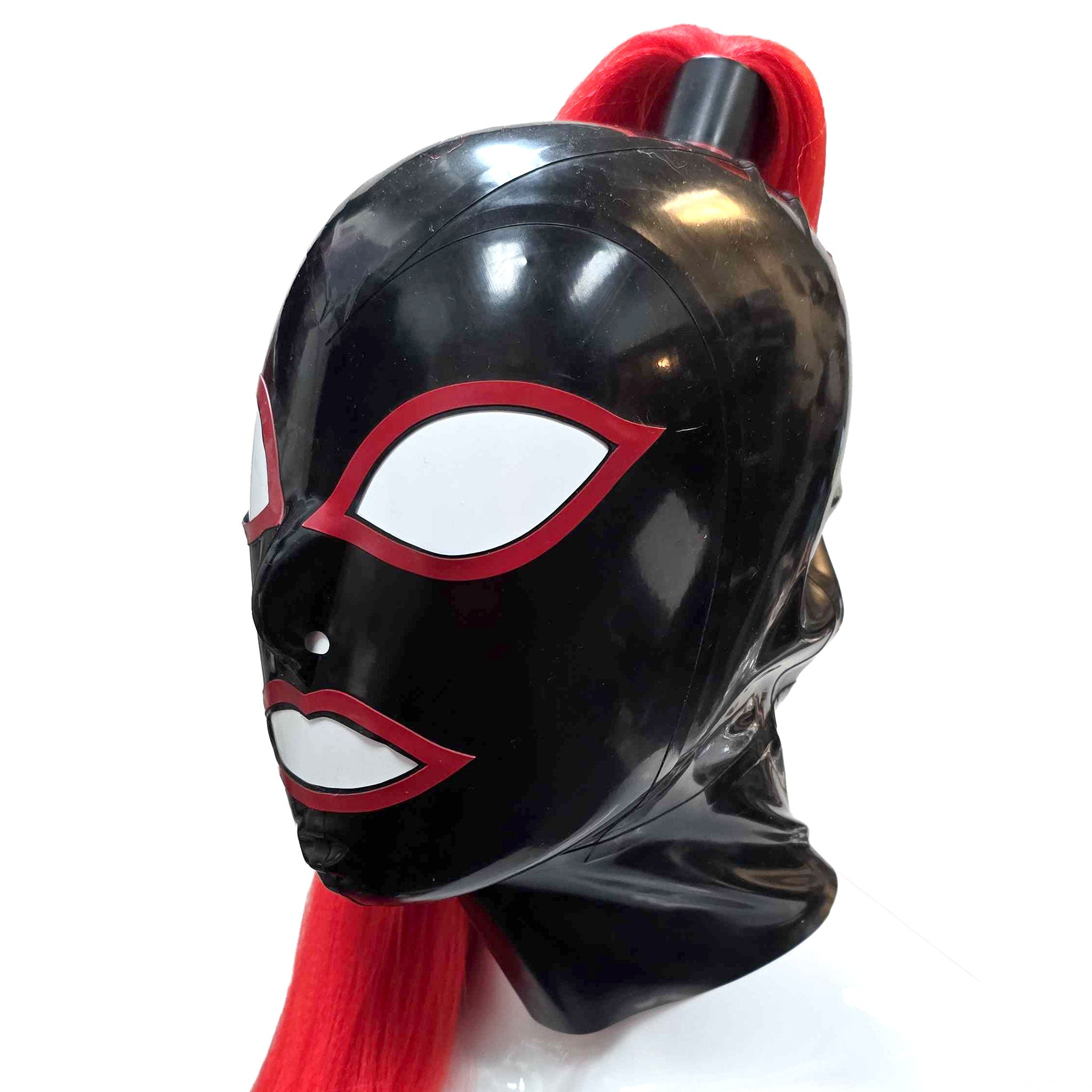Latex rubber accessories head-gear headgear hood mask anatomical contrast-trim synthetic-hair ponytail pony-tail high-set zipper back-zip hair-protector shiny glossy bad-bitch fetish fashion alt-fashion bondage bdsm bdsm-gear kink kinky kinky-play kinkwear costume cosplay halloween unisex black red red-hair redhead
