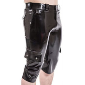 Latex rubber apparel bottoms shorts board-shorts cargo-shorts kneelength knee-length zipper front-zip zipper-fly pockets slot-pockets seat-pockets cargo-pockets snap-button press-stud belt-loops sleek smooth flexible shiny glossy edgy practical fetish fashion alt-fashion alternative punk goth gothic cyber rave ravewear festivalwear clubwear kink kinky kinkwear costume cosplay halloween male masculine masc mens menswear guys dudes black