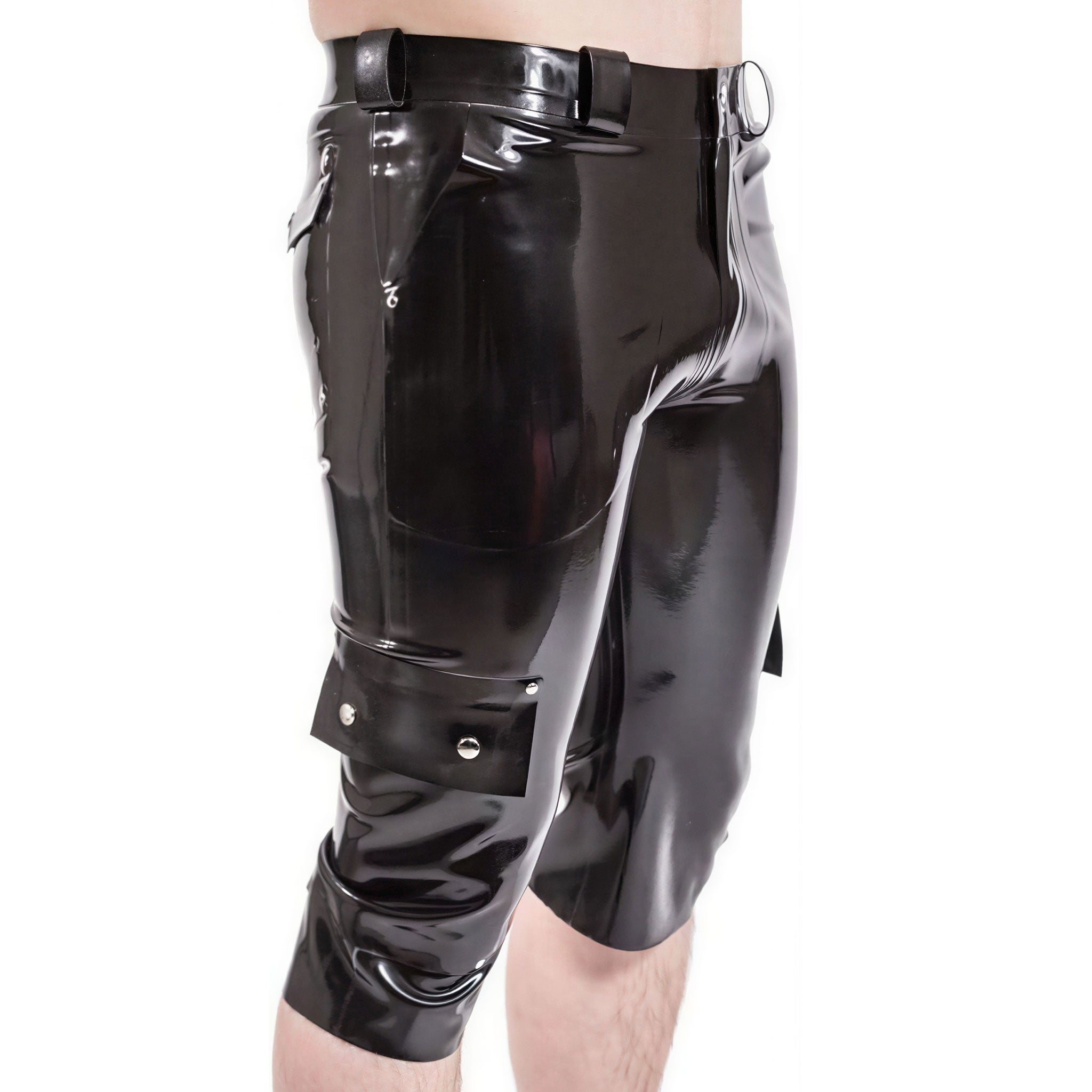 Latex rubber apparel bottoms shorts board-shorts cargo-shorts kneelength knee-length zipper front-zip zipper-fly pockets slot-pockets seat-pockets cargo-pockets snap-button press-stud belt-loops sleek smooth flexible shiny glossy edgy practical fetish fashion alt-fashion alternative punk goth gothic cyber rave ravewear festivalwear clubwear kink kinky kinkwear costume cosplay halloween male masculine masc mens menswear guys dudes black