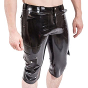 Latex rubber apparel bottoms shorts board-shorts cargo-shorts kneelength knee-length zipper front-zip zipper-fly pockets slot-pockets seat-pockets cargo-pockets snap-button press-stud belt-loops sleek smooth flexible shiny glossy edgy practical fetish fashion alt-fashion alternative punk goth gothic cyber rave ravewear festivalwear clubwear kink kinky kinkwear costume cosplay halloween male masculine masc mens menswear guys dudes black