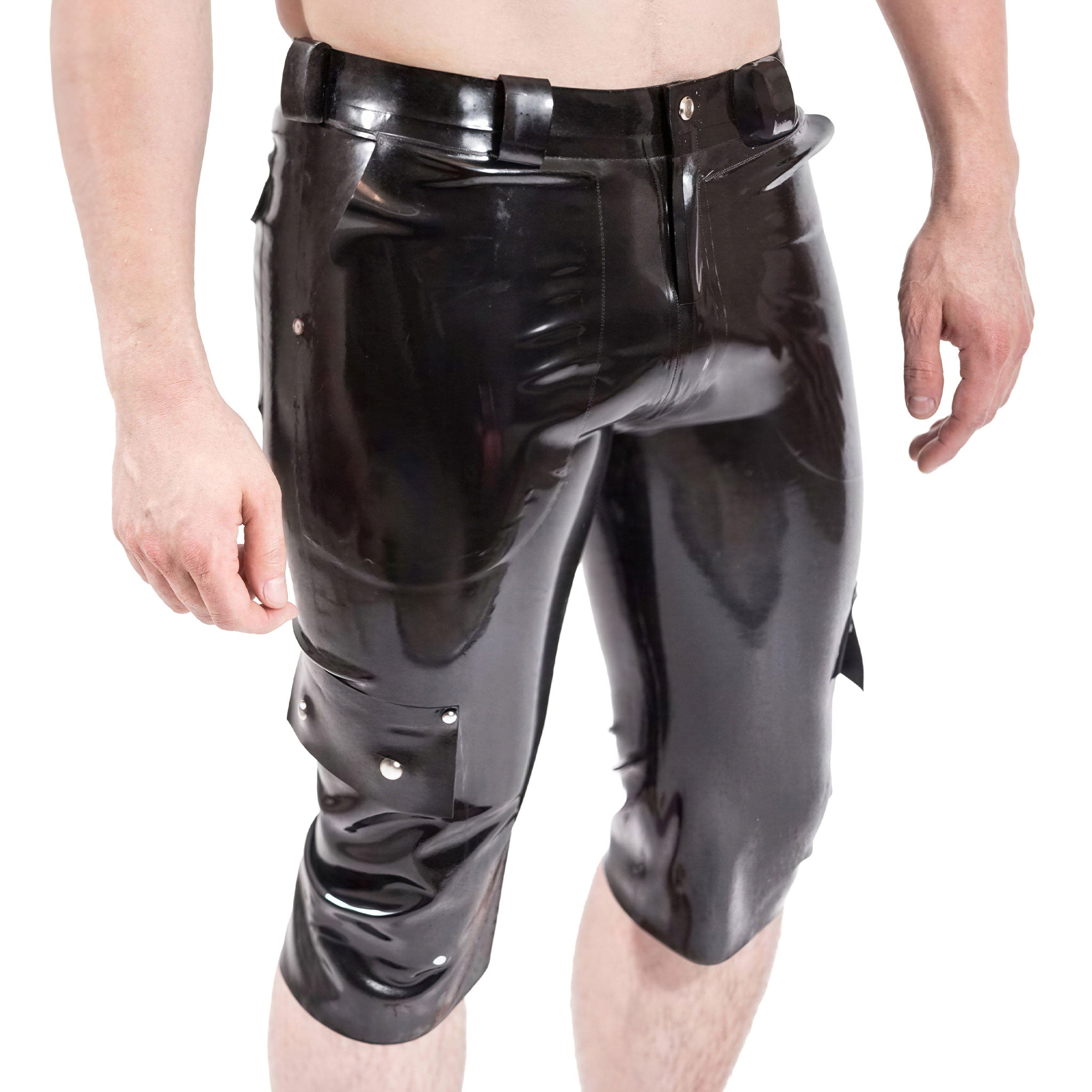Latex rubber apparel bottoms shorts board-shorts cargo-shorts kneelength knee-length zipper front-zip zipper-fly pockets slot-pockets seat-pockets cargo-pockets snap-button press-stud belt-loops sleek smooth flexible shiny glossy edgy practical fetish fashion alt-fashion alternative punk goth gothic cyber rave ravewear festivalwear clubwear kink kinky kinkwear costume cosplay halloween male masculine masc mens menswear guys dudes black