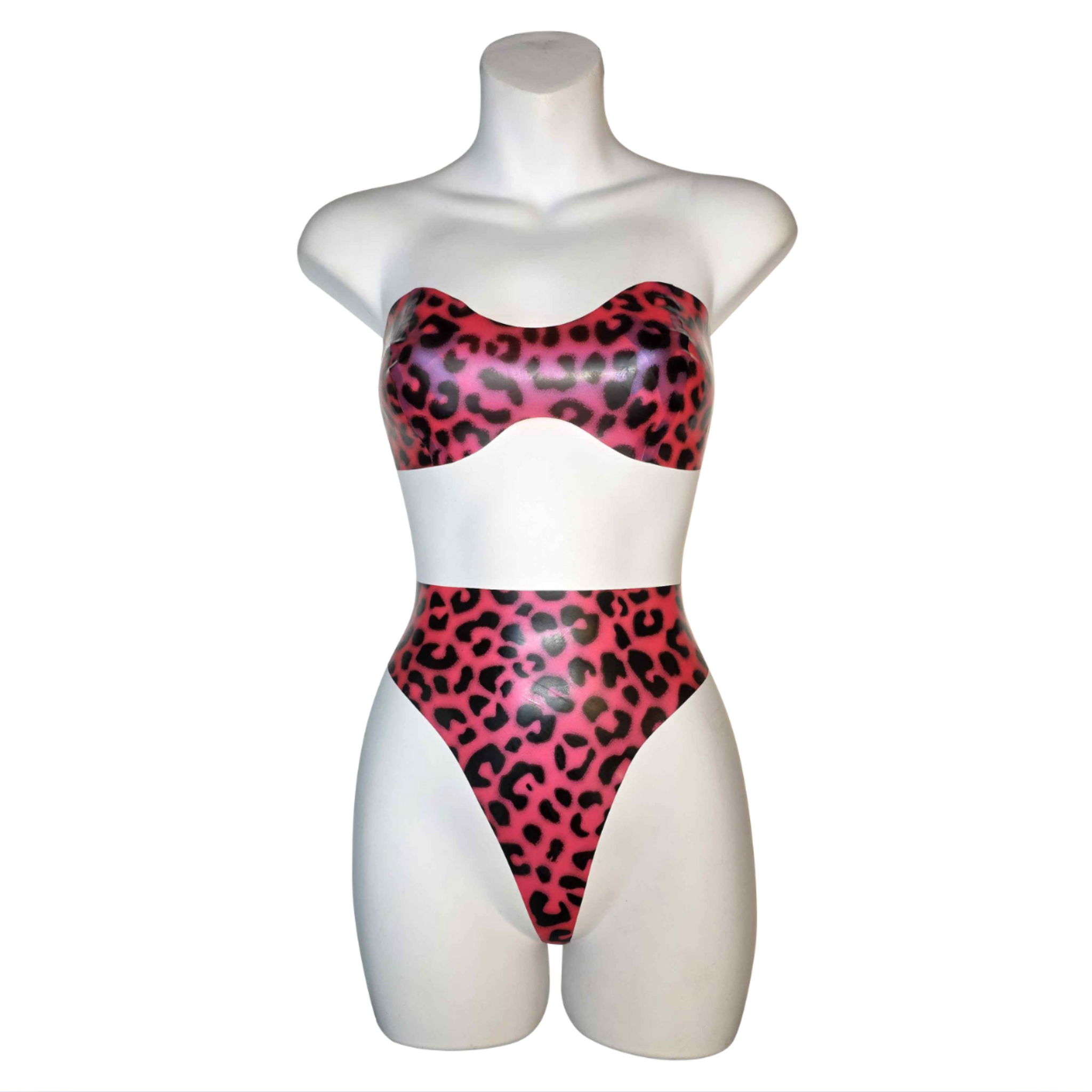 Latex leopard bandeau and thong set handmade in NYC, glossy latex lingerie with leopard print accents, curve-hugging black latex bandeau top with matching thong, edgy fetish lingerie set for alternative fashion and bold bedroom looks