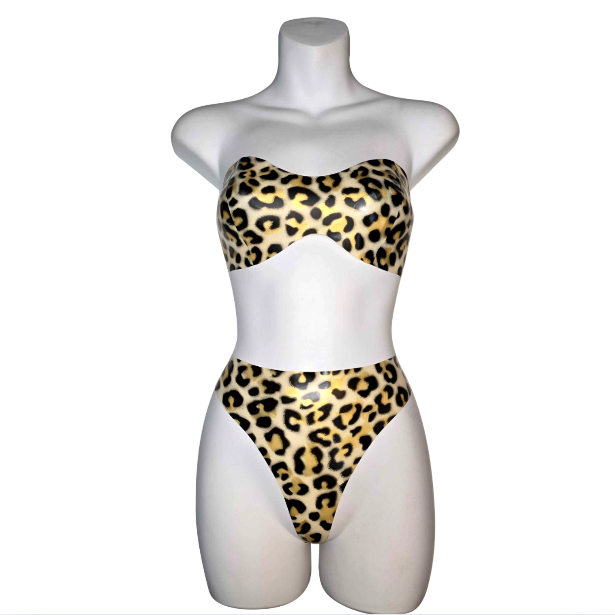 Latex leopard bandeau and thong set handmade in NYC, glossy latex lingerie with leopard print accents, curve-hugging black latex bandeau top with matching thong, edgy fetish lingerie set for alternative fashion and bold bedroom looks