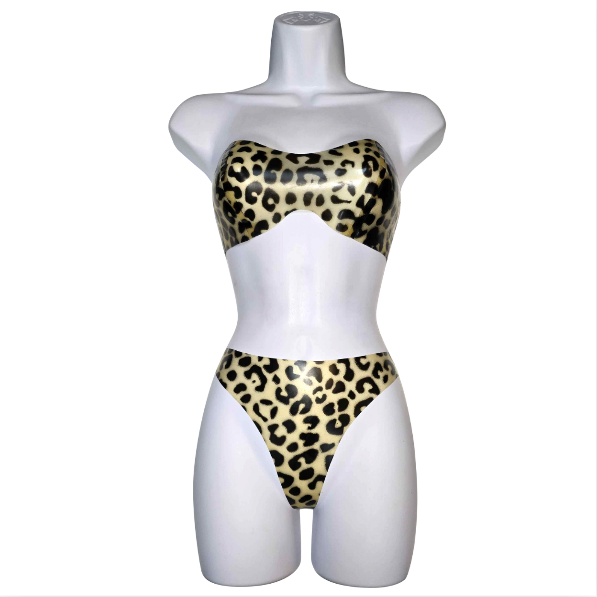 Latex leopard bandeau and thong set handmade in NYC, glossy latex lingerie with leopard print accents, curve-hugging black latex bandeau top with matching thong, edgy fetish lingerie set for alternative fashion and bold bedroom looks