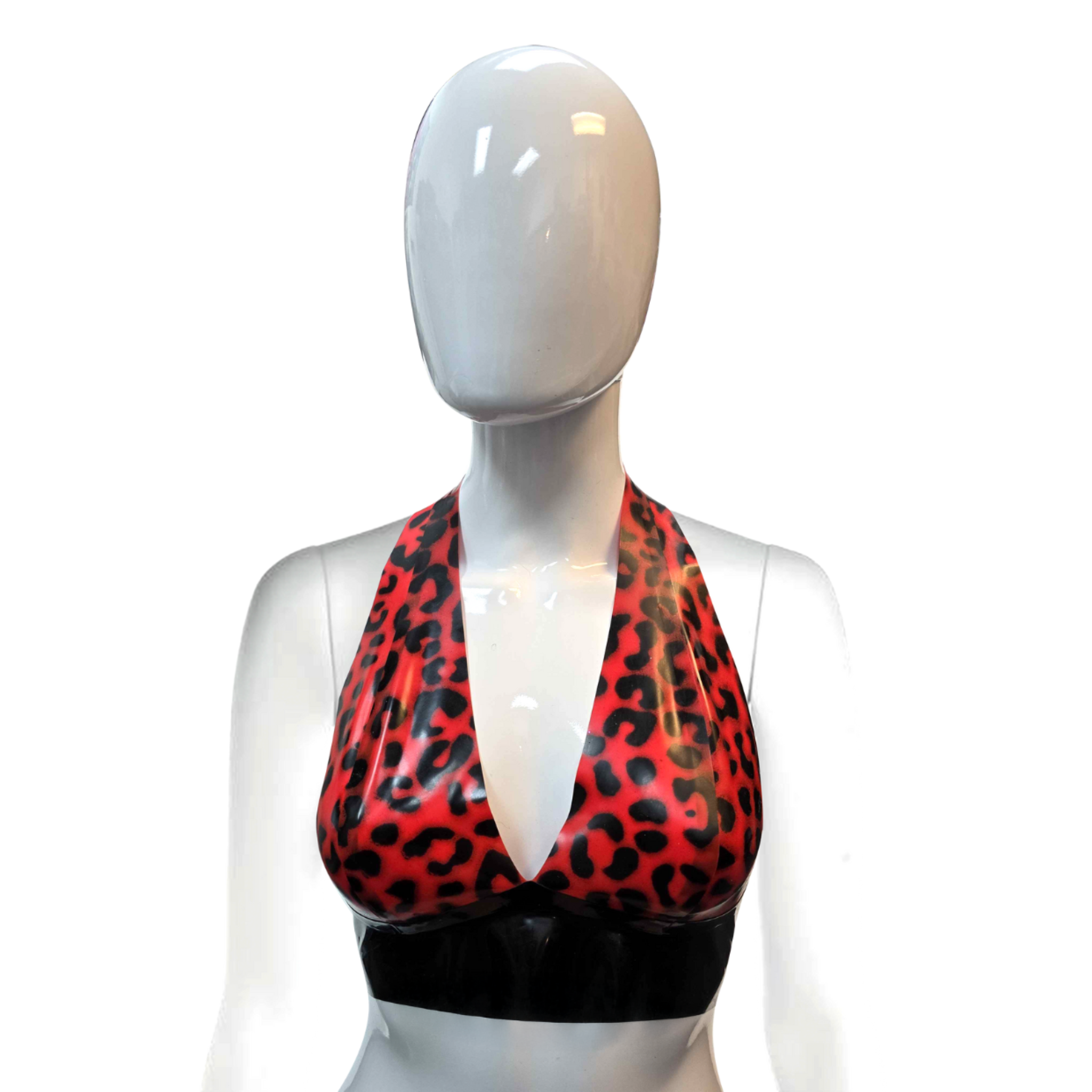 Latex leopard halter bra handmade in NYC, glossy natural latex lingerie with halter neckline and bold leopard print design, fetish fashion bra for daring alternative style and confident statement wear