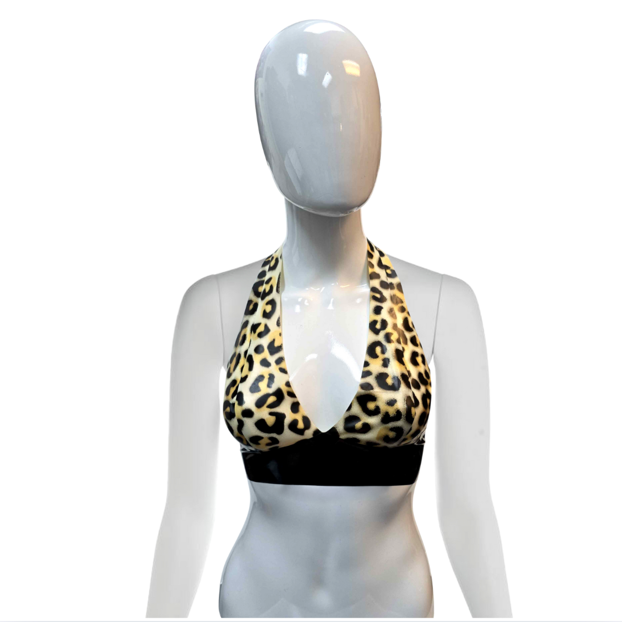 Latex leopard halter bra handmade in NYC, glossy natural latex lingerie with halter neckline and bold leopard print design, fetish fashion bra for daring alternative style and confident statement wear