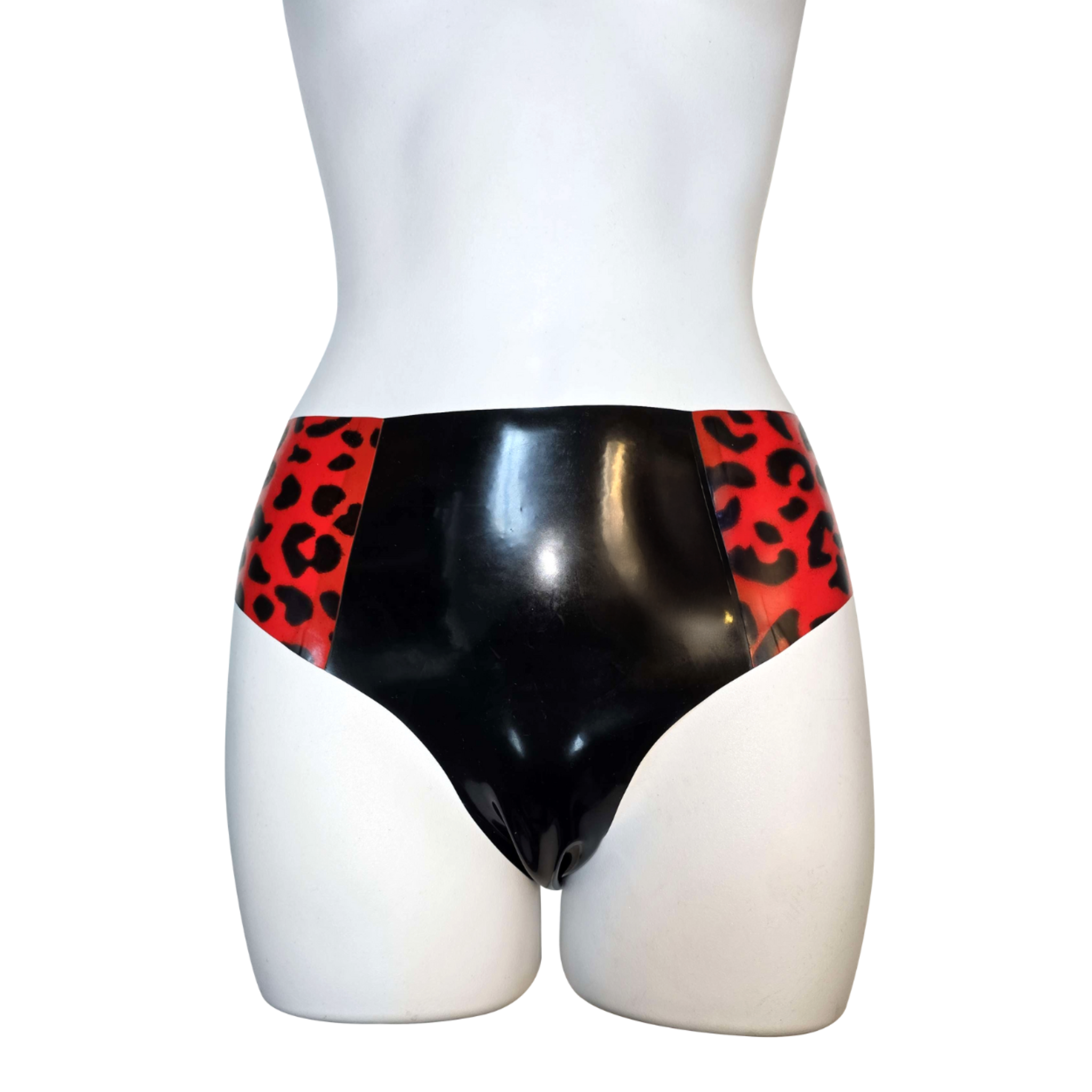 Latex leopard panel panty handmade in NYC, glossy latex lingerie with bold leopard print accents, curve-hugging black latex panty with animal print detail, edgy fetish lingerie for alternative fashion and daring bedroom looks