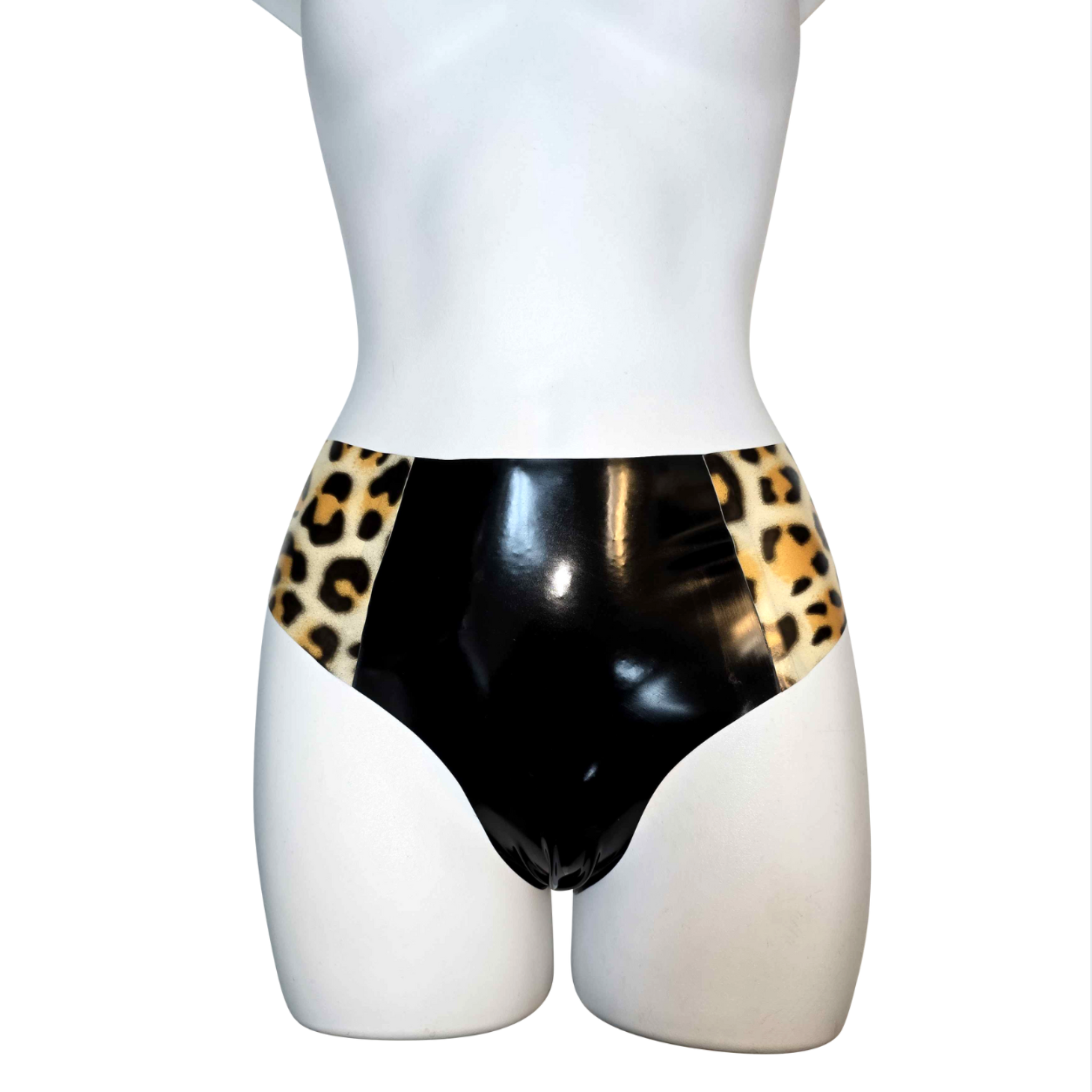 Latex leopard panel panty handmade in NYC, glossy latex lingerie with bold leopard print accents, curve-hugging black latex panty with animal print detail, edgy fetish lingerie for alternative fashion and daring bedroom looks