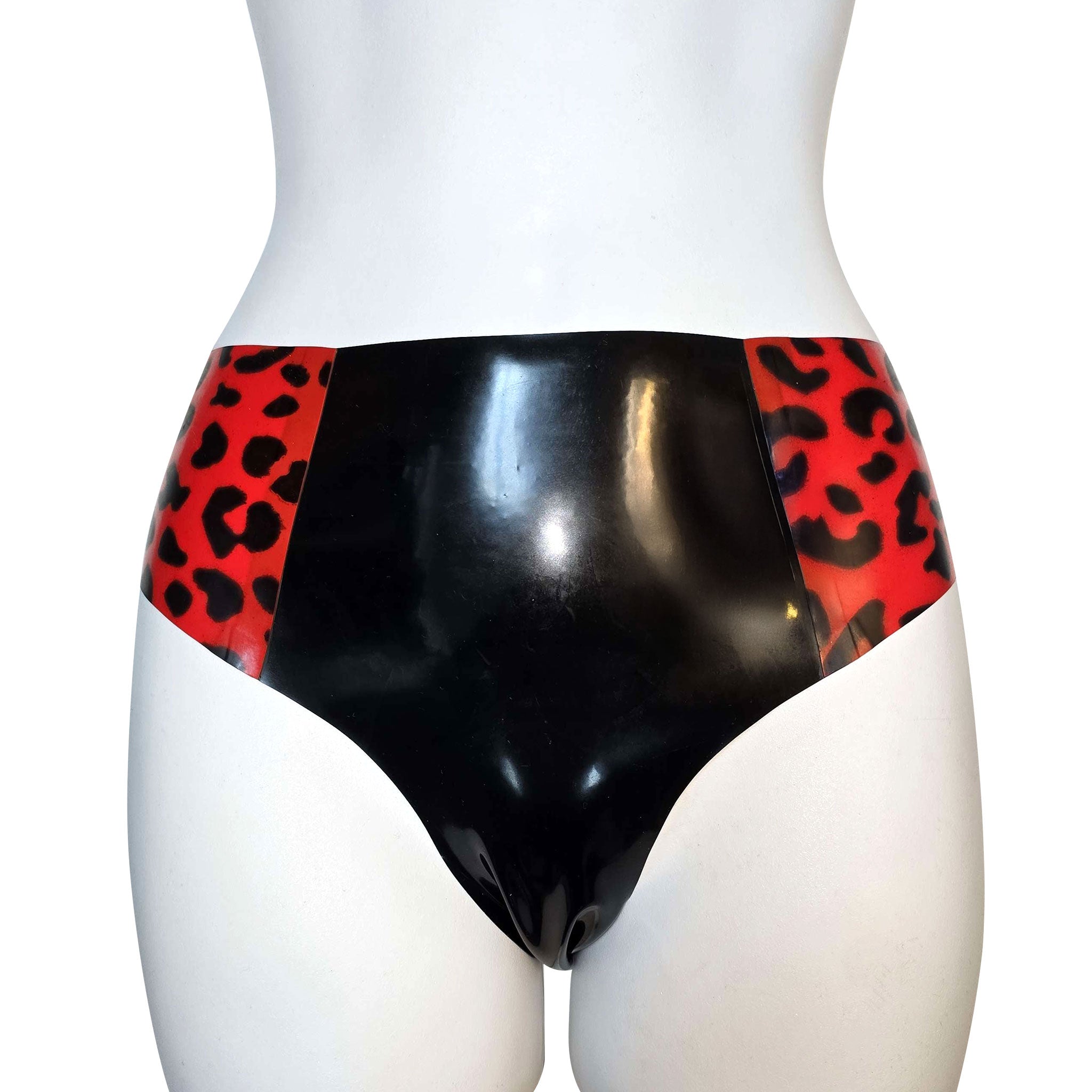 Latex rubber apparel intimate bottoms panty panties brief-cut leopard-print print-accents animal-print shiny glossy bold sleek contouring curve-hugging fierce daring edgy fetish fashion alt-fashion alternative punk clubwear ravewear festivalwear bedroom bondage bdsm bdsm-fashion kink kinky kinkwear pet pet-play animal leopard costume cosplay halloween holiday-lingerie female femme feminine womens black red-leopard