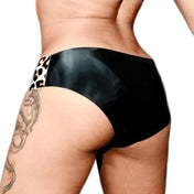Latex rubber apparel intimate bottoms panty panties brief-cut leopard-print print-accents animal-print shiny glossy bold sleek contouring curve-hugging fierce daring edgy fetish fashion alt-fashion alternative punk clubwear ravewear festivalwear bedroom bondage bdsm bdsm-fashion kink kinky kinkwear pet pet-play animal leopard costume cosplay halloween holiday-lingerie female femme feminine womens black snow-leopard