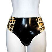 Latex rubber apparel intimate bottoms panty panties brief-cut leopard-print print-accents animal-print shiny glossy bold sleek contouring curve-hugging fierce daring edgy fetish fashion alt-fashion alternative punk clubwear ravewear festivalwear bedroom bondage bdsm bdsm-fashion kink kinky kinkwear pet pet-play animal leopard costume cosplay halloween holiday-lingerie female femme feminine womens black snow-leopard