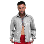 Latex rubber apparel tops outerwear coat jacket button-up button-down longsleeve long-sleeve sleeves sleeved snap-button press-stud button-placket versatile loose-fit collared lapels faux-pockets waistband-adjusters shiny glossy metallic classic fetish fashion alt-fashion alternative punk cyber clubwear kink kinky kinkwear costume cosplay unisex silver