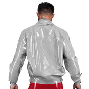 Latex rubber apparel tops outerwear coat jacket button-up button-down longsleeve long-sleeve sleeves sleeved snap-button press-stud button-placket versatile loose-fit collared lapels faux-pockets waistband-adjusters shiny glossy metallic classic fetish fashion alt-fashion alternative punk cyber clubwear kink kinky kinkwear costume cosplay unisex silver