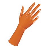 Latex rubber accessories gloves full-fingered mid-arm wrist mid-forearm forearm fetish fashion alt-fashion medical medical-play kin kinky kinky-play bdsm bdsm-gear unisex orange tiger-orange