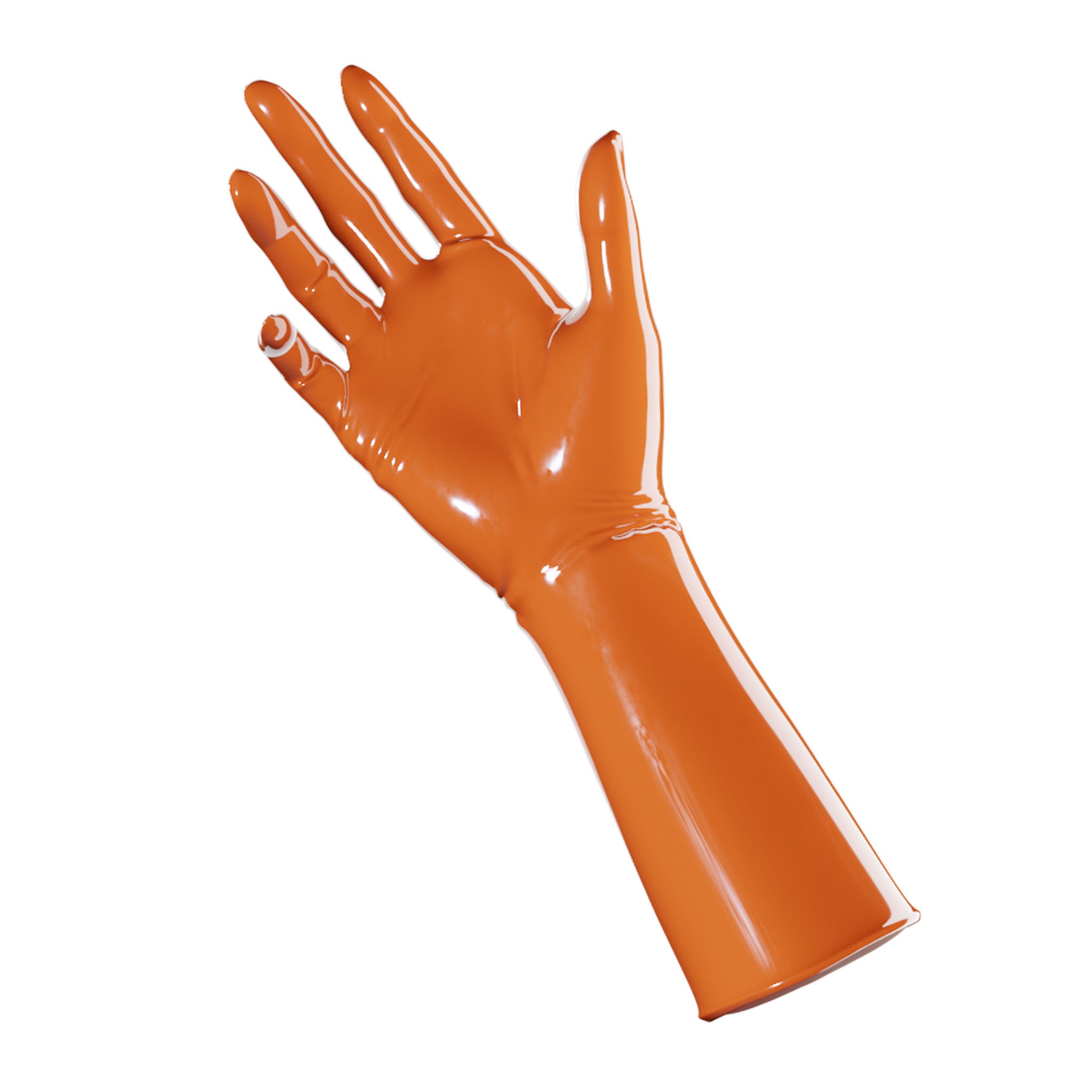 Latex rubber accessories gloves full-fingered mid-arm wrist mid-forearm forearm fetish fashion alt-fashion medical medical-play kin kinky kinky-play bdsm bdsm-gear unisex orange tiger-orange