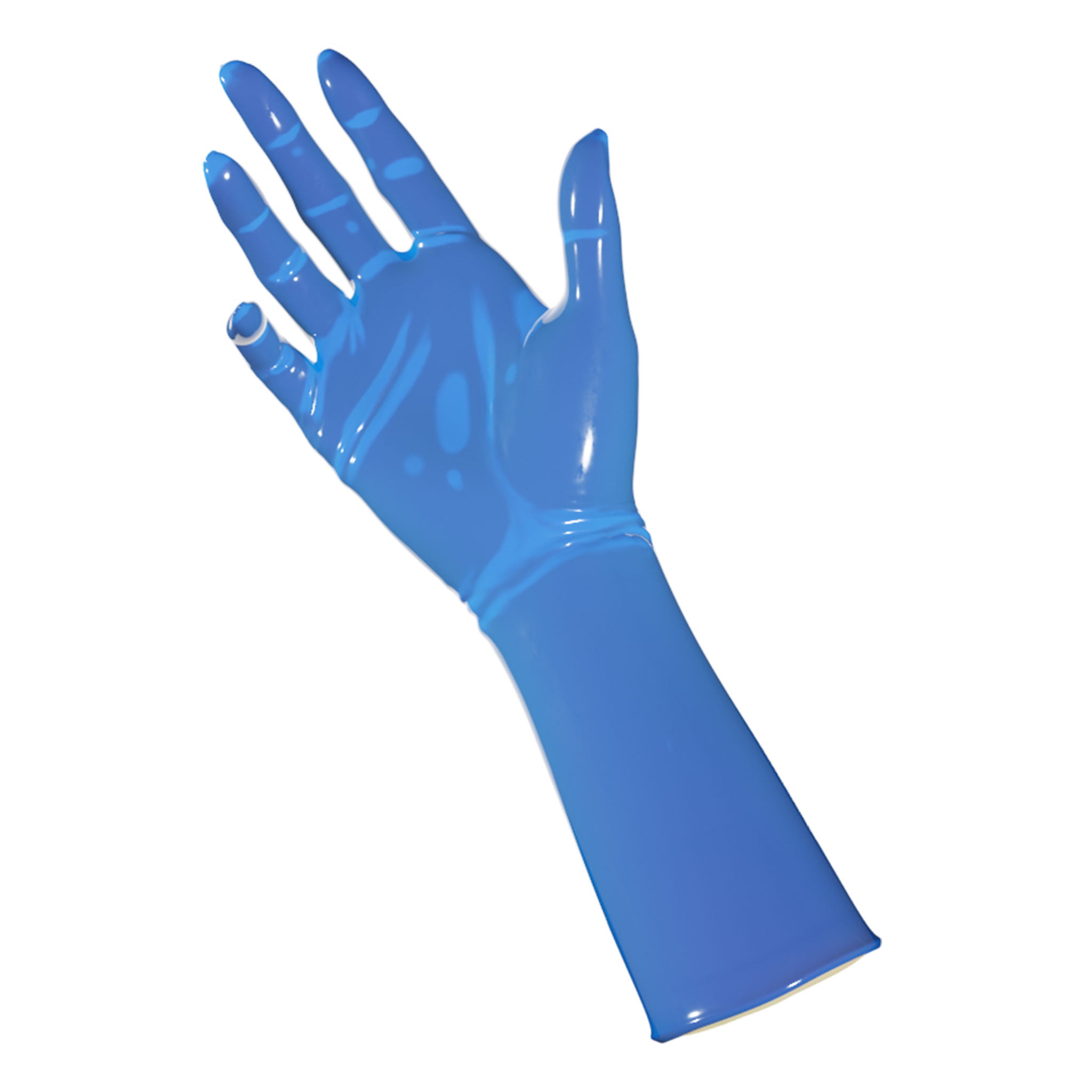 Latex rubber accessories gloves full-fingered mid-arm wrist mid-forearm forearm fetish fashion alt-fashion medical medical-play kin kinky kinky-play bdsm bdsm-gear unisex blue transparent-blue translucent-sapphire