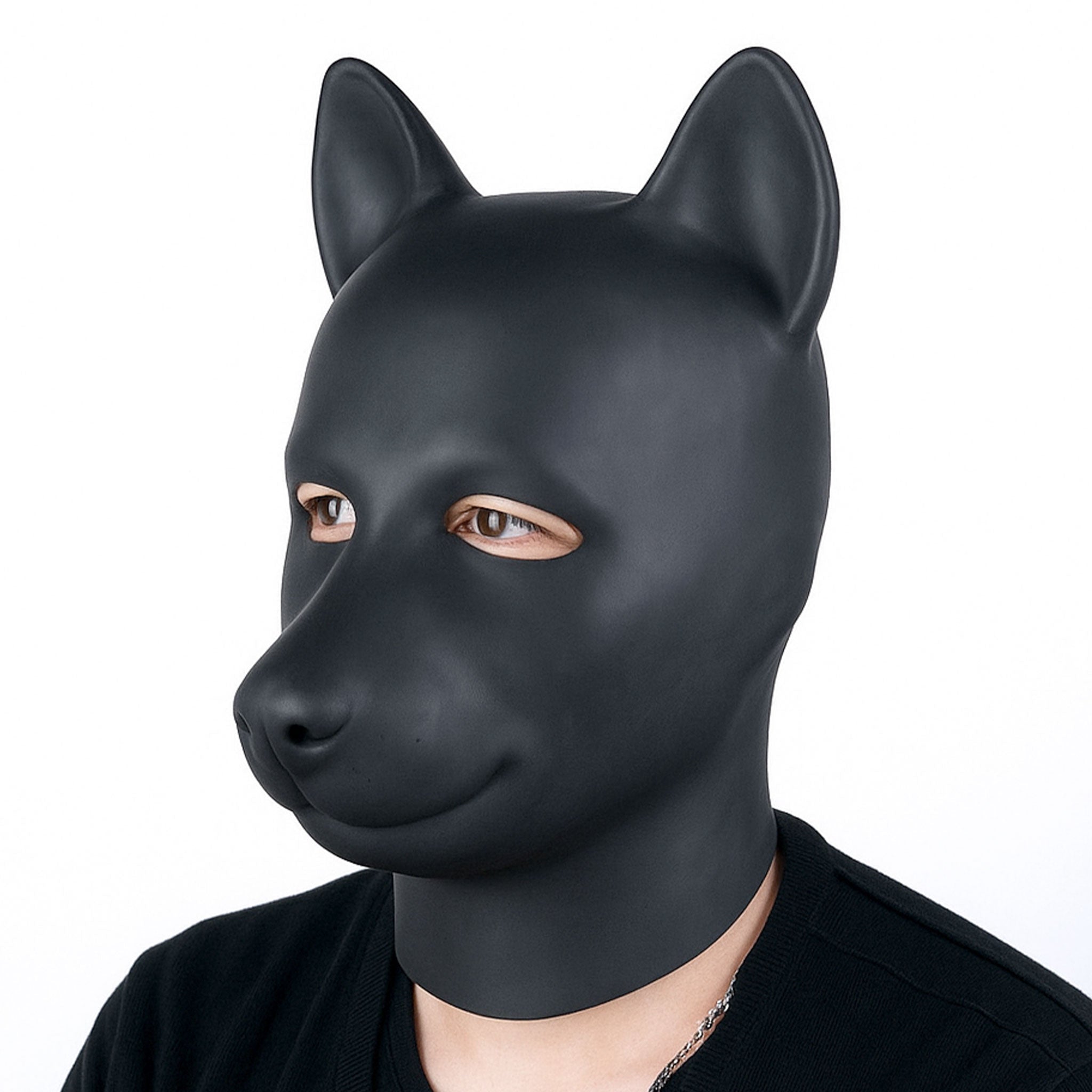 Latex natural-latex accessories hood mask anatomical ears back-zip zipper hair-shield shiny bondage bdsm depersonalization animal-play pet-play pup-play dog puppy kink kinky kinky-play costume cosplay halloween black