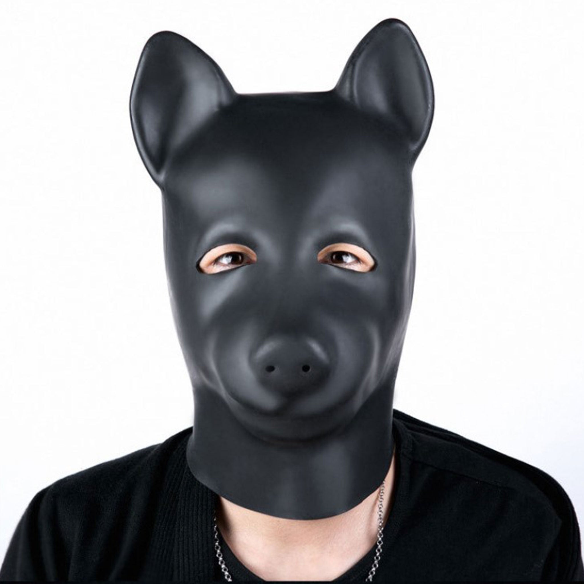 Latex natural-latex accessories hood mask anatomical ears back-zip zipper hair-shield shiny bondage bdsm depersonalization animal-play pet-play pup-play dog puppy kink kinky kinky-play costume cosplay halloween black