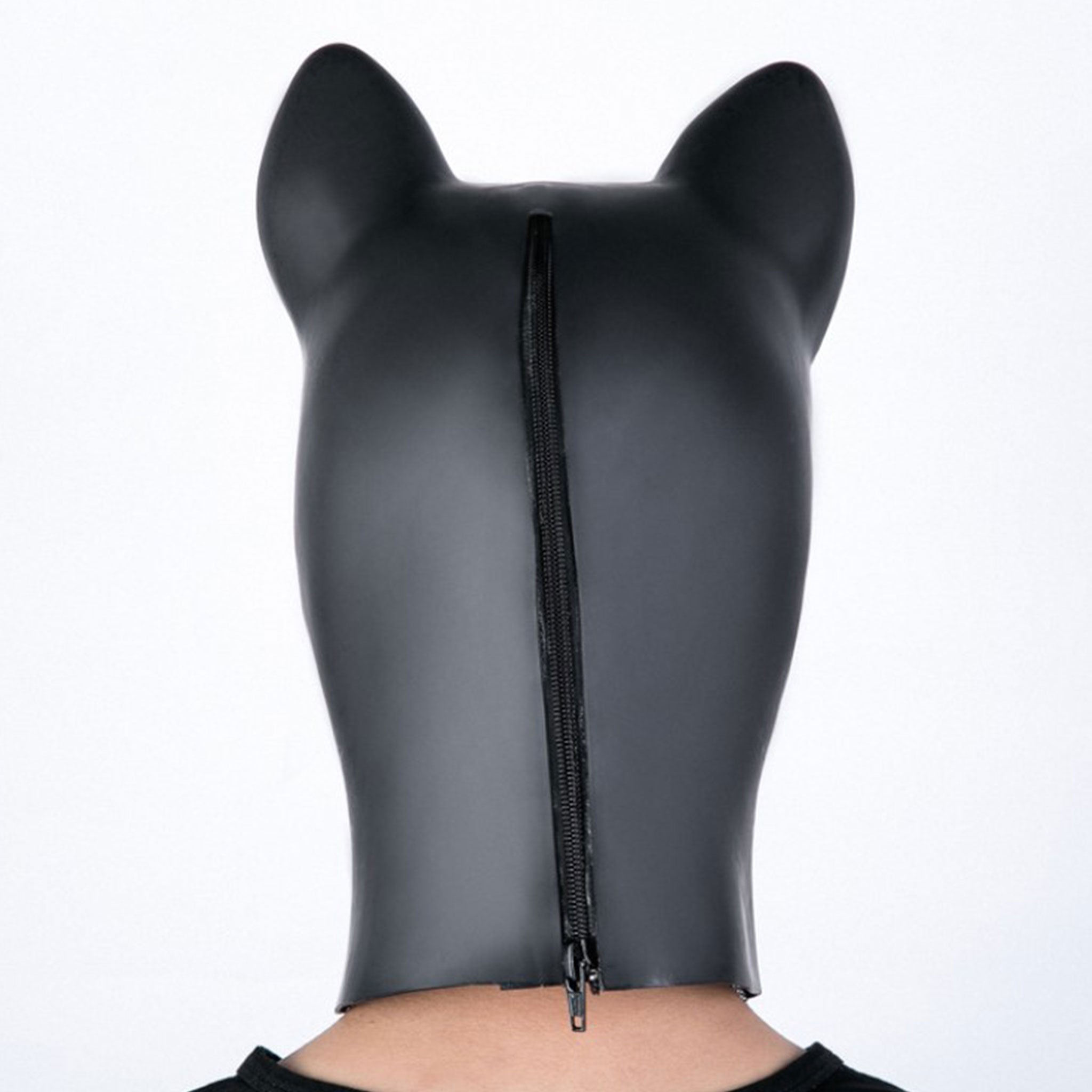 Latex natural-latex accessories hood mask anatomical ears back-zip zipper hair-shield shiny bondage bdsm depersonalization animal-play pet-play pup-play dog puppy kink kinky kinky-play costume cosplay halloween black