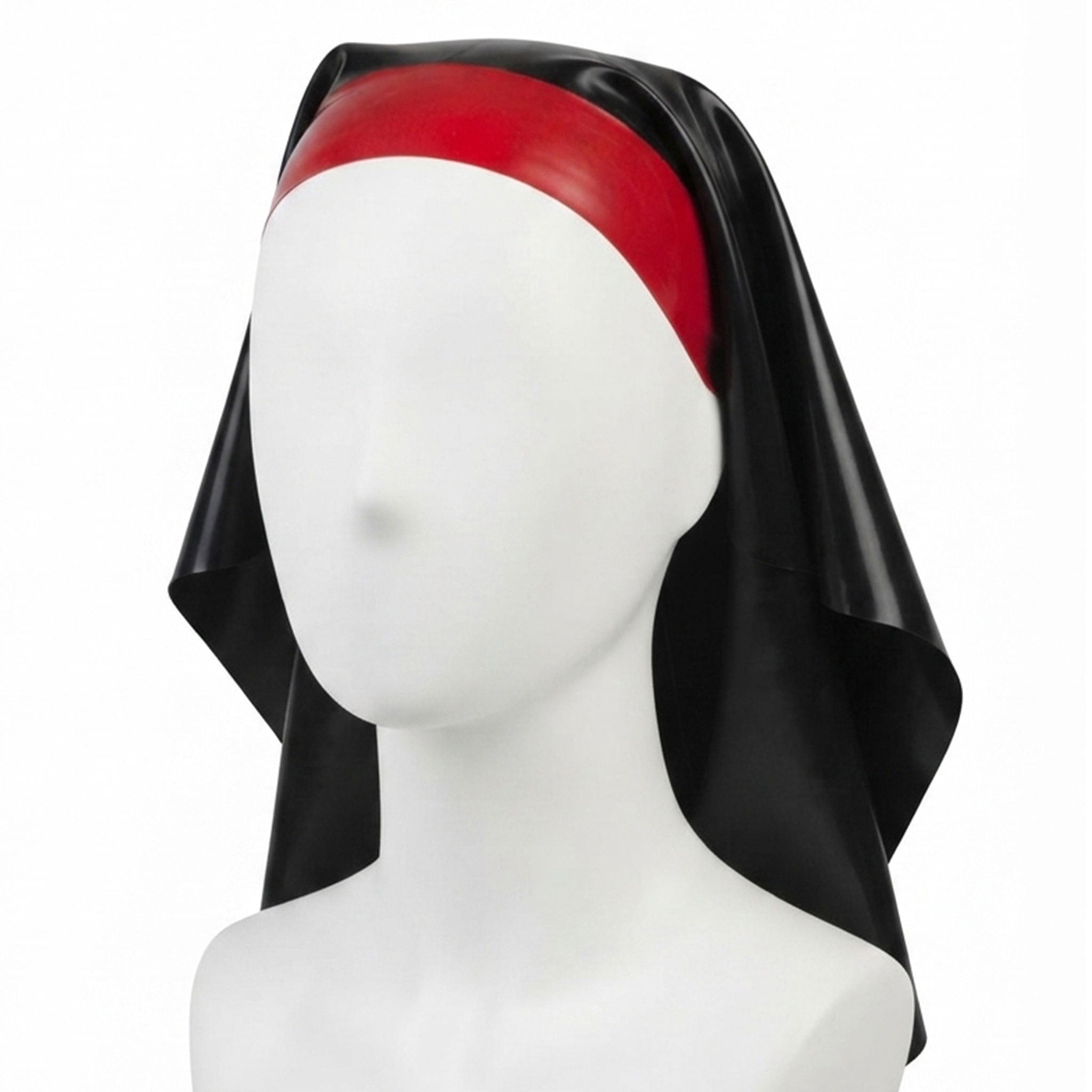 Latex rubber accessories headgear nun's-habit nun-veil veil long crown-band tie-back adjustable shiny glossy fetish fashion alt-fashion alternative bedroom dungeon roleplay role-play uniform sacrilege naughty-nun costume cosplay halloween halloween-costumes halloween-couture female femme feminine womens black-red