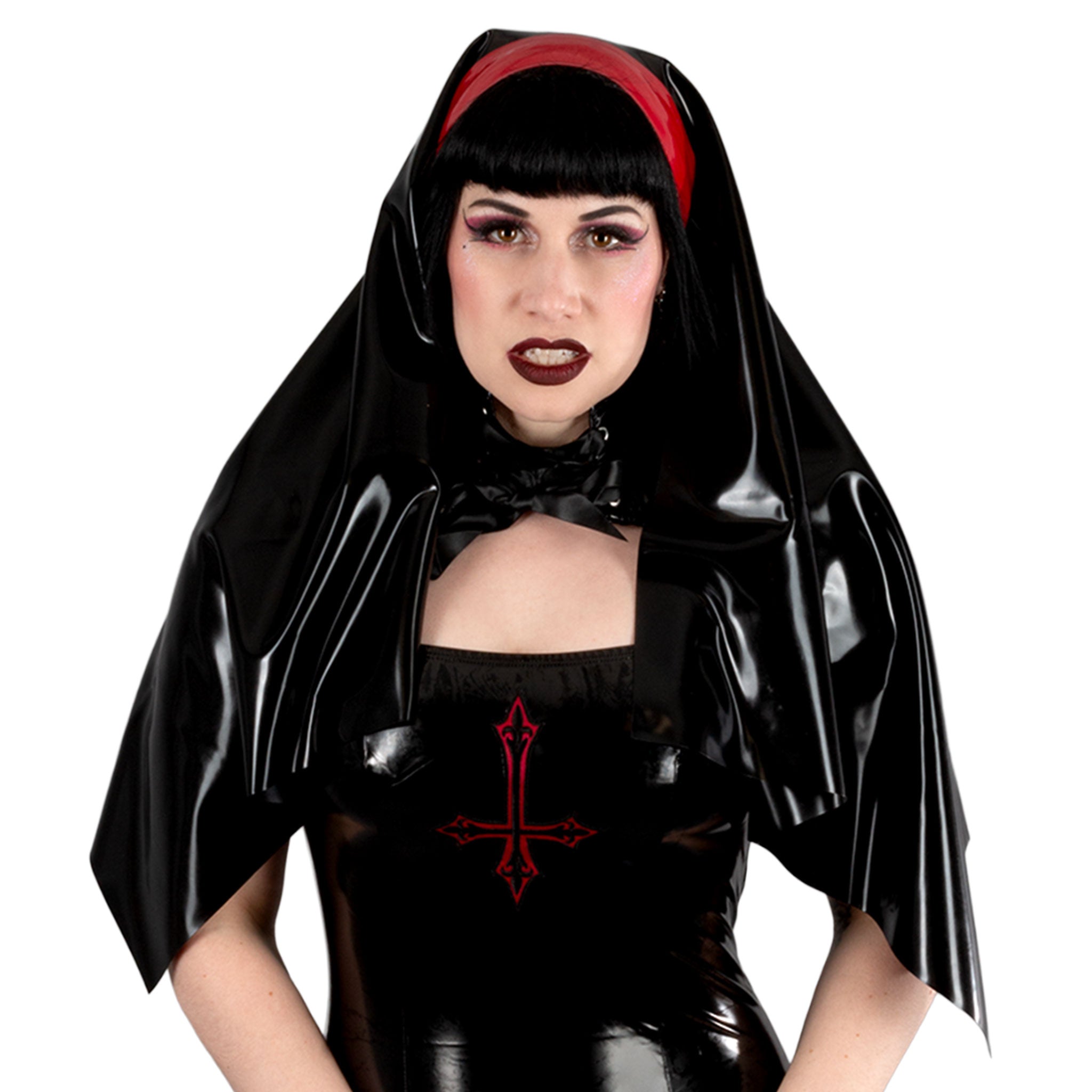 Latex rubber accessories headgear nun's-habit nun-veil veil long crown-band tie-back adjustable shiny glossy fetish fashion alt-fashion alternative bedroom dungeon roleplay role-play uniform sacrilege naughty-nun costume cosplay halloween halloween-costumes halloween-couture female femme feminine womens black-red