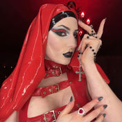 Latex rubber accessories headgear nun's-habit nun-veil veil long crown-band tie-back adjustable shiny glossy fetish fashion alt-fashion alternative bedroom dungeon roleplay role-play uniform sacrilege naughty-nun costume cosplay halloween halloween-costumes halloween-couture female femme feminine womens red-black