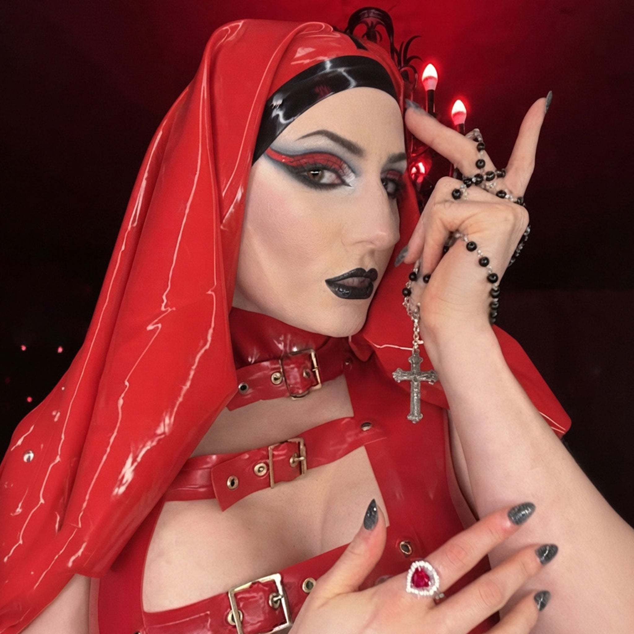 Latex rubber accessories headgear nun's-habit nun-veil veil long crown-band tie-back adjustable shiny glossy fetish fashion alt-fashion alternative bedroom dungeon roleplay role-play uniform sacrilege naughty-nun costume cosplay halloween halloween-costumes halloween-couture female femme feminine womens red-black