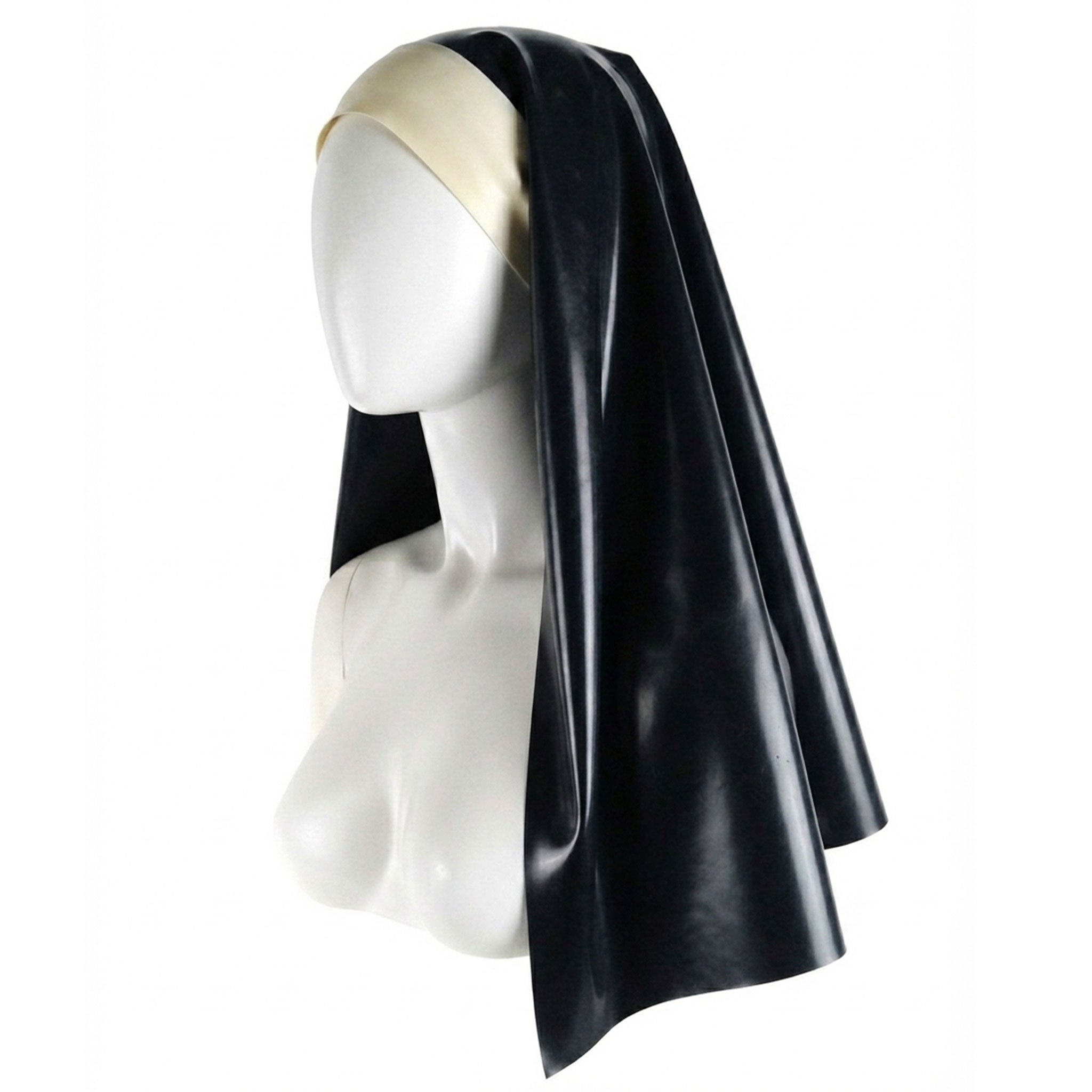 Latex rubber accessories headgear nun's-habit nun-veil veil long crown-band tie-back adjustable shiny glossy fetish fashion alt-fashion alternative bedroom dungeon roleplay role-play uniform sacrilege naughty-nun costume cosplay halloween halloween-costumes halloween-couture female femme feminine womens black-white