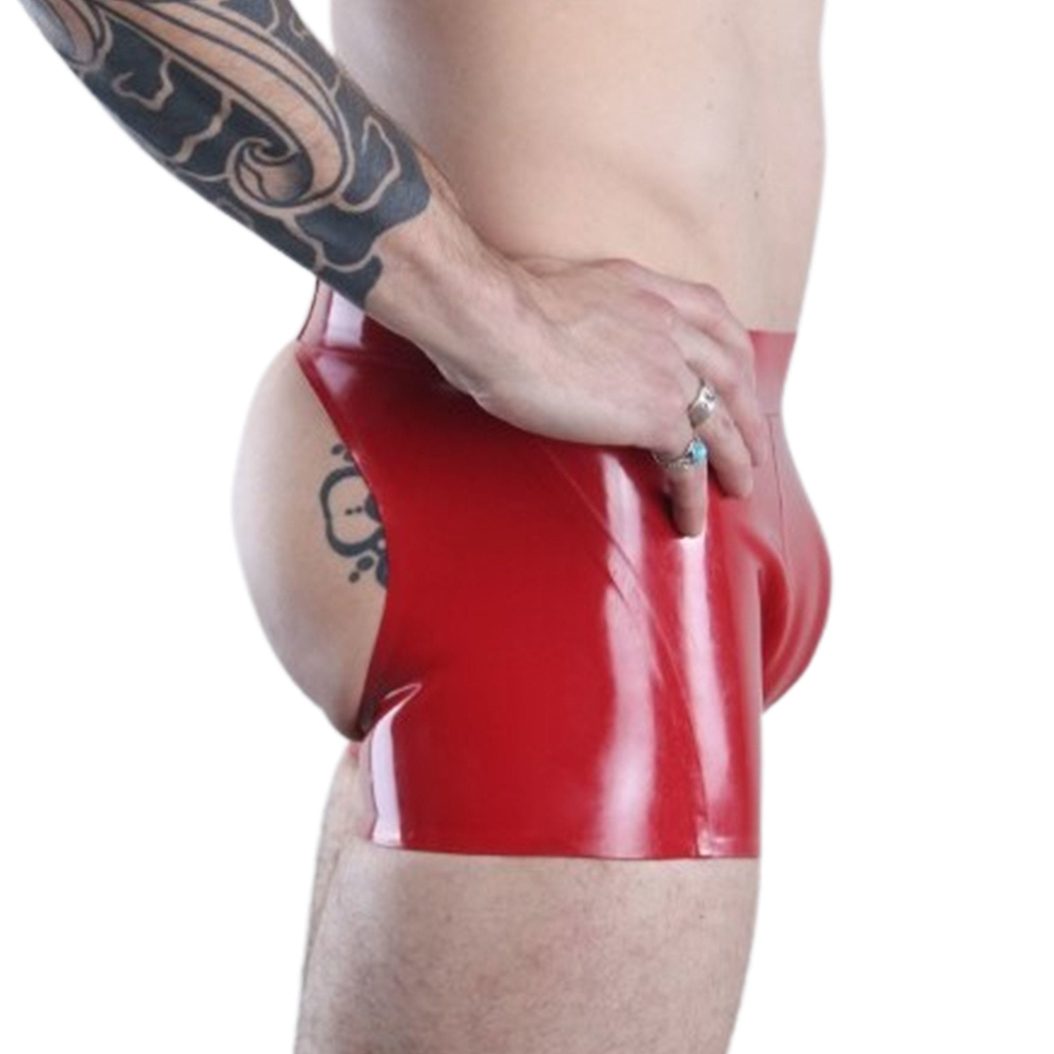 Latex rubber apparel bottoms underwear shorts lingerie open-back open-seat open-butt ass-free assless butt-free ass-cheeks buttcheeks butt-cheeks cod-piece codpiece cheeky gay-shorts fetish fashion alt-fashion kink kinky kinkwear ass-fetish booty-fetish male masculine masc mens menswear guys dudes gay lgbtq pride red