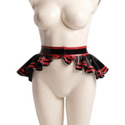 Latex rubber accessories apparel skirt belt peplum-skirt peplum-belt belt-skirt miniskirt mini-skirt contrast-stripe snap-button press-stud ruffle-hem ruffle fetish fashion alt-fashion alternative festival clubwear bondage bdsm bdsm-fashion kink kinky kinkwear costume cosplay halloween retro female femme feminine women black-red