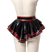 Latex rubber accessories apparel skirt belt peplum-skirt peplum-belt belt-skirt miniskirt mini-skirt contrast-stripe snap-button press-stud ruffle-hem ruffle fetish fashion alt-fashion alternative festival clubwear bondage bdsm bdsm-fashion kink kinky kinkwear costume cosplay halloween retro female femme feminine women black-red