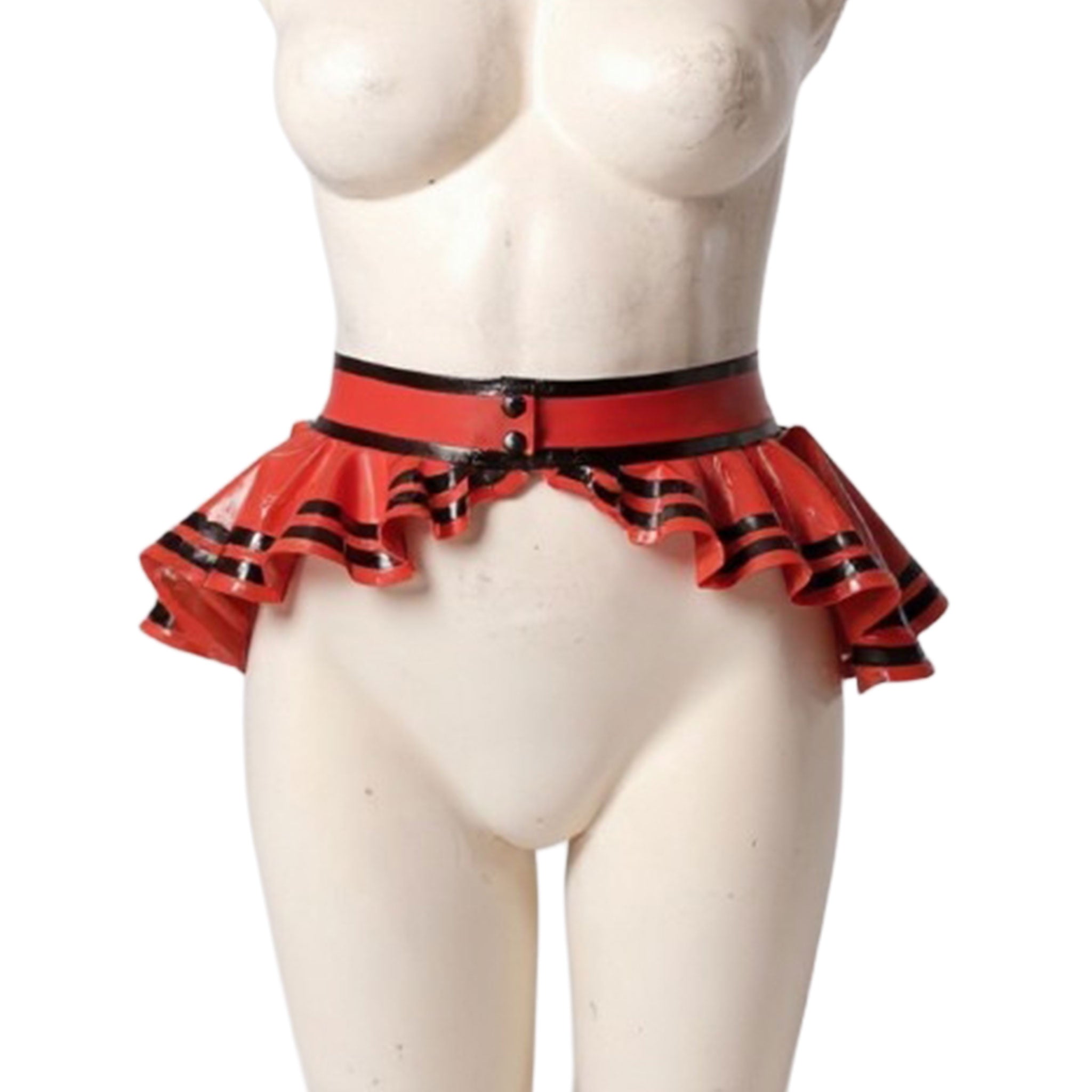 Latex rubber accessories apparel skirt belt peplum-skirt peplum-belt belt-skirt miniskirt mini-skirt contrast-stripe snap-button press-stud ruffle-hem ruffle fetish fashion alt-fashion alternative festival clubwear bondage bdsm bdsm-fashion kink kinky kinkwear costume cosplay halloween retro female femme feminine women red-black