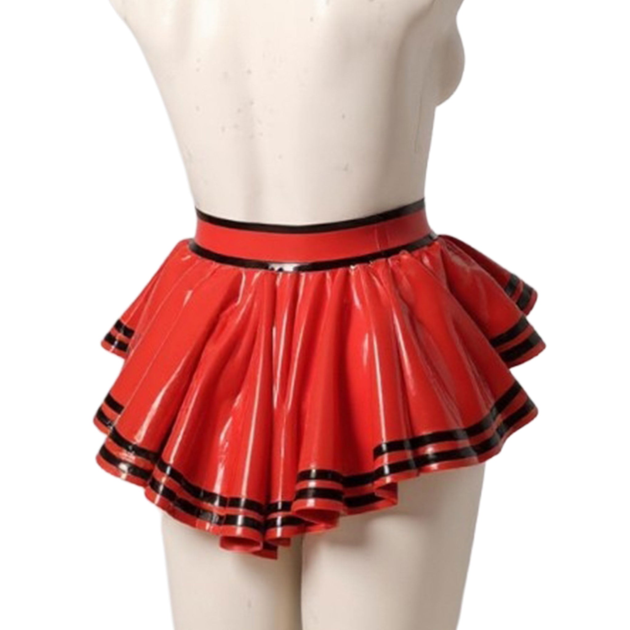 Latex rubber accessories apparel skirt belt peplum-skirt peplum-belt belt-skirt miniskirt mini-skirt contrast-stripe snap-button press-stud ruffle-hem ruffle fetish fashion alt-fashion alternative festival clubwear bondage bdsm bdsm-fashion kink kinky kinkwear costume cosplay halloween retro female femme feminine women red-black