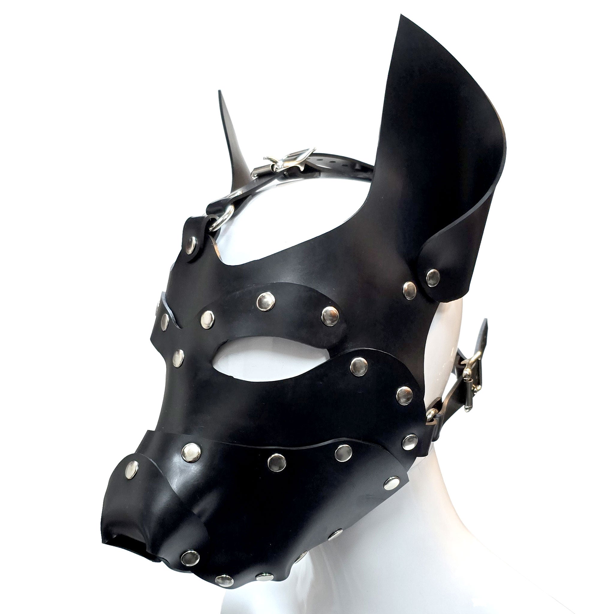 Latex thick-latex rubber accessories latex-accessories head-gear mask latex-mask hood latex-hood riveted folded pointed-ears nose snout harness head-harness adjustable buckle D-ring fetish fashion alt-fashion alternative punk bedroom festival bondage bdsm bdsm-toys bdsm-fashion kink kinky kinkwear kinky-play kinky-toys sub submissive roleplay role-play pup puppy canine dog pet-play pet-training costume cosplay halloween halloween-accessories unisex black