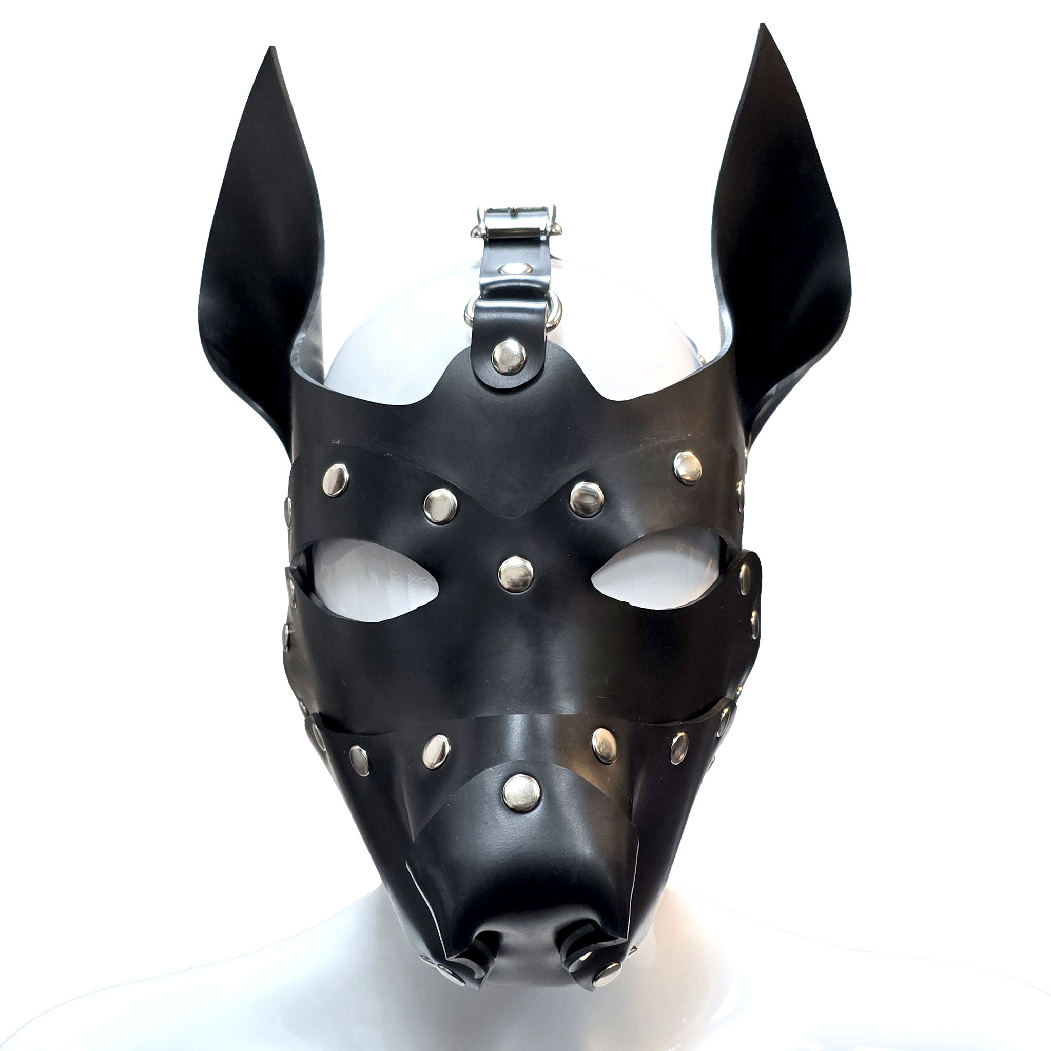 Latex thick-latex rubber accessories latex-accessories head-gear mask latex-mask hood latex-hood riveted folded pointed-ears nose snout harness head-harness adjustable buckle D-ring fetish fashion alt-fashion alternative punk bedroom festival bondage bdsm bdsm-toys bdsm-fashion kink kinky kinkwear kinky-play kinky-toys sub submissive roleplay role-play pup puppy canine dog pet-play pet-training costume cosplay halloween halloween-accessories unisex black