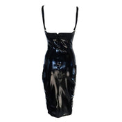 Latex dress midi-dress sleeveless pyramid kick-pleat strappy cutout cut-out bust mid-length hidden-zip zipper adjustable shoulder-straps shiny head-turner head-turning seductive wonder English party sexy female femme feminine women black