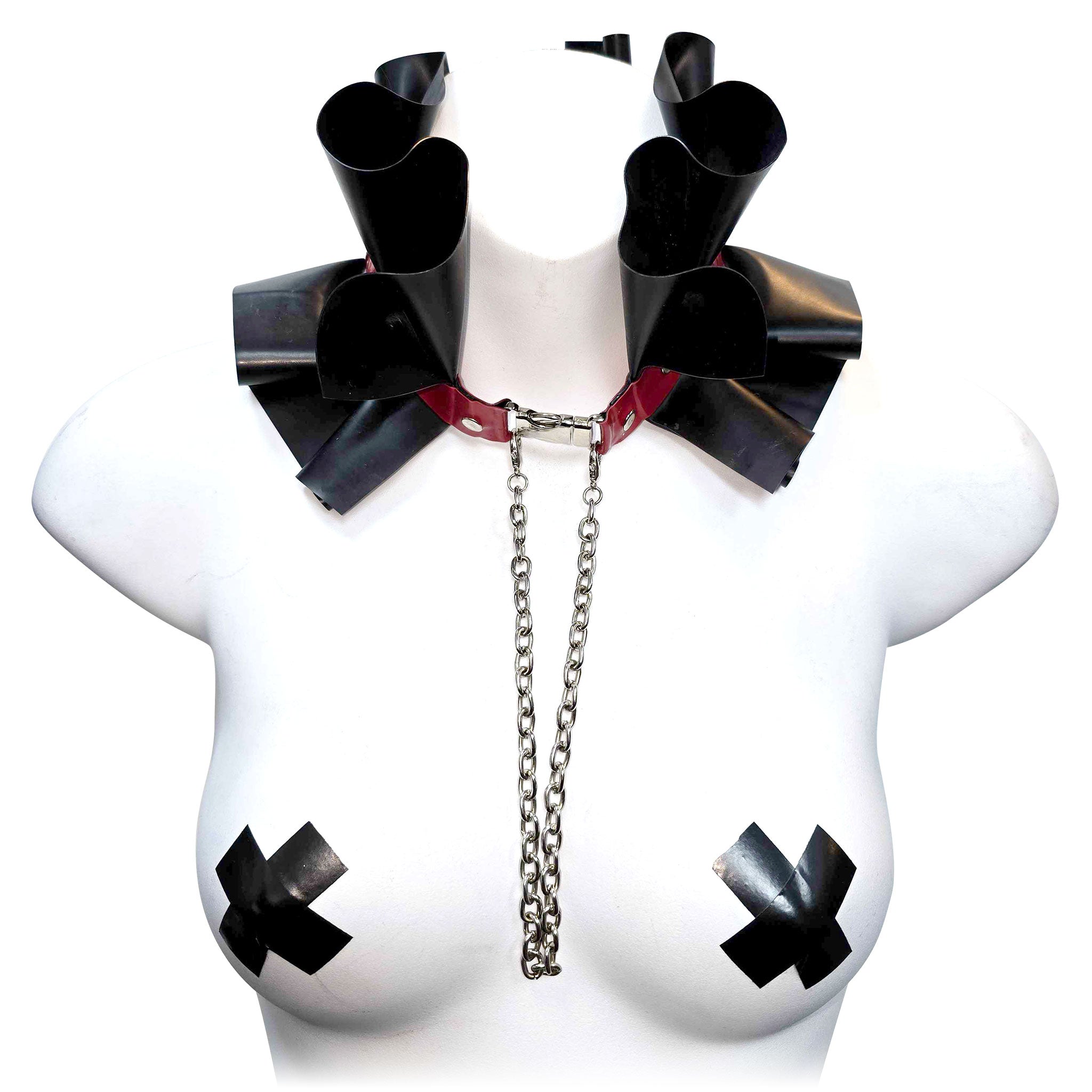 Latex chain hanging-chain accessories collar choker ruffles ruffled necklace attachable charm release side-release leash lead unique matte glossy shiny versatile bdsm bondage kink kinky kinky-play costume cosplay halloween unisex black red