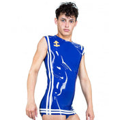 Latex rubber top shirt sleeveless vest pullover pull-over sailor cabin-boy striping anchor press-stud snap-button epaulets double-stripe decorative-trim captain nautical kink kinky costume cosplay halloween roleplay role-play male masculine masc mens menswear guys dudes gay blue royal-blue white warm-white