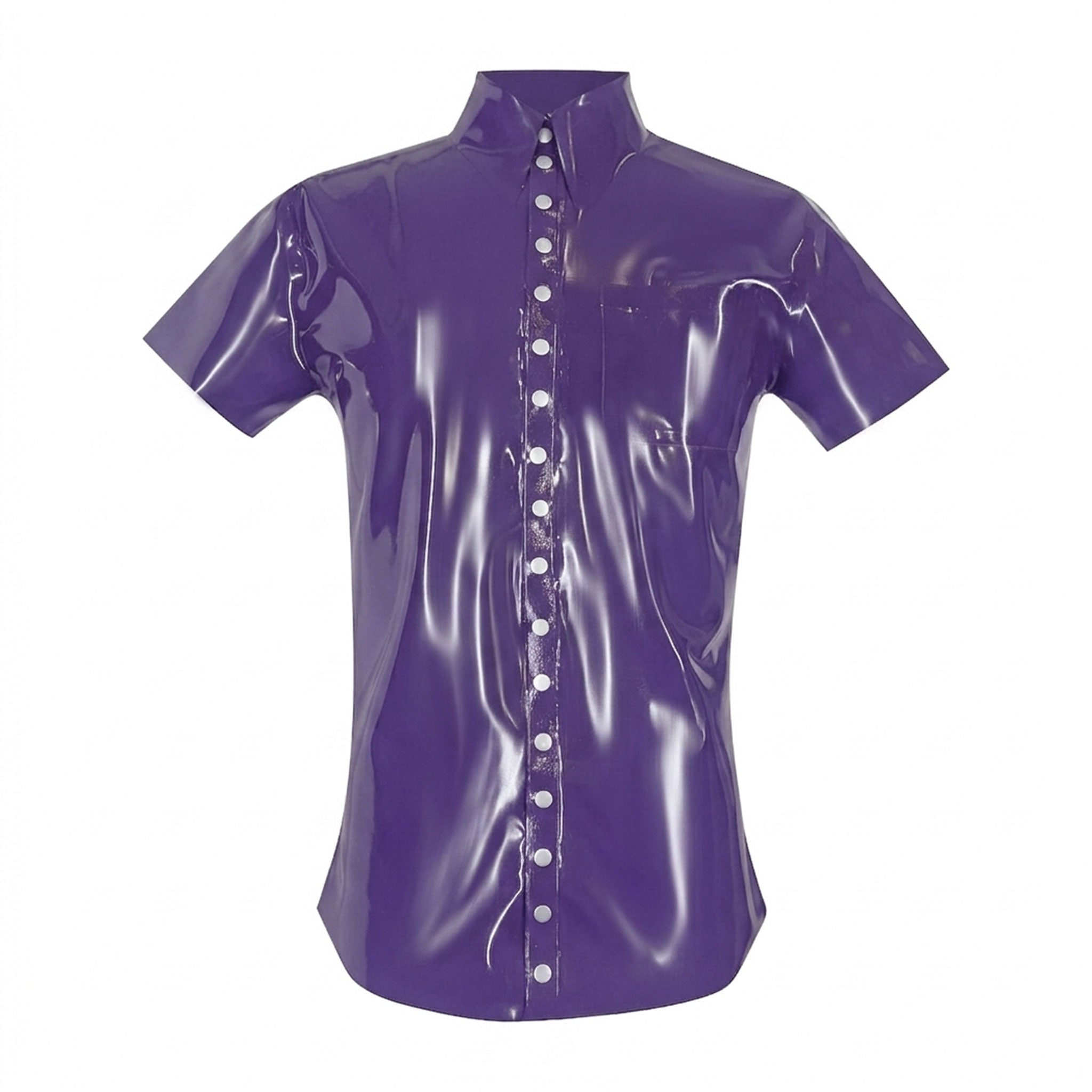 Latex rubber apparel tops shirt dress-shirt button-up button-down button-front collared split-collar point-collar lapel-collar shortsleeve short-sleeve sleeves sleeved snap-button-press-stud pocket breast-pocket chest-pocket classic fetish fashion alt-fashion casual fetishwear clubbing clubwear bdsm bdsm-fashion kink kinky kinkwear costume cosplay halloween unisex purple violet