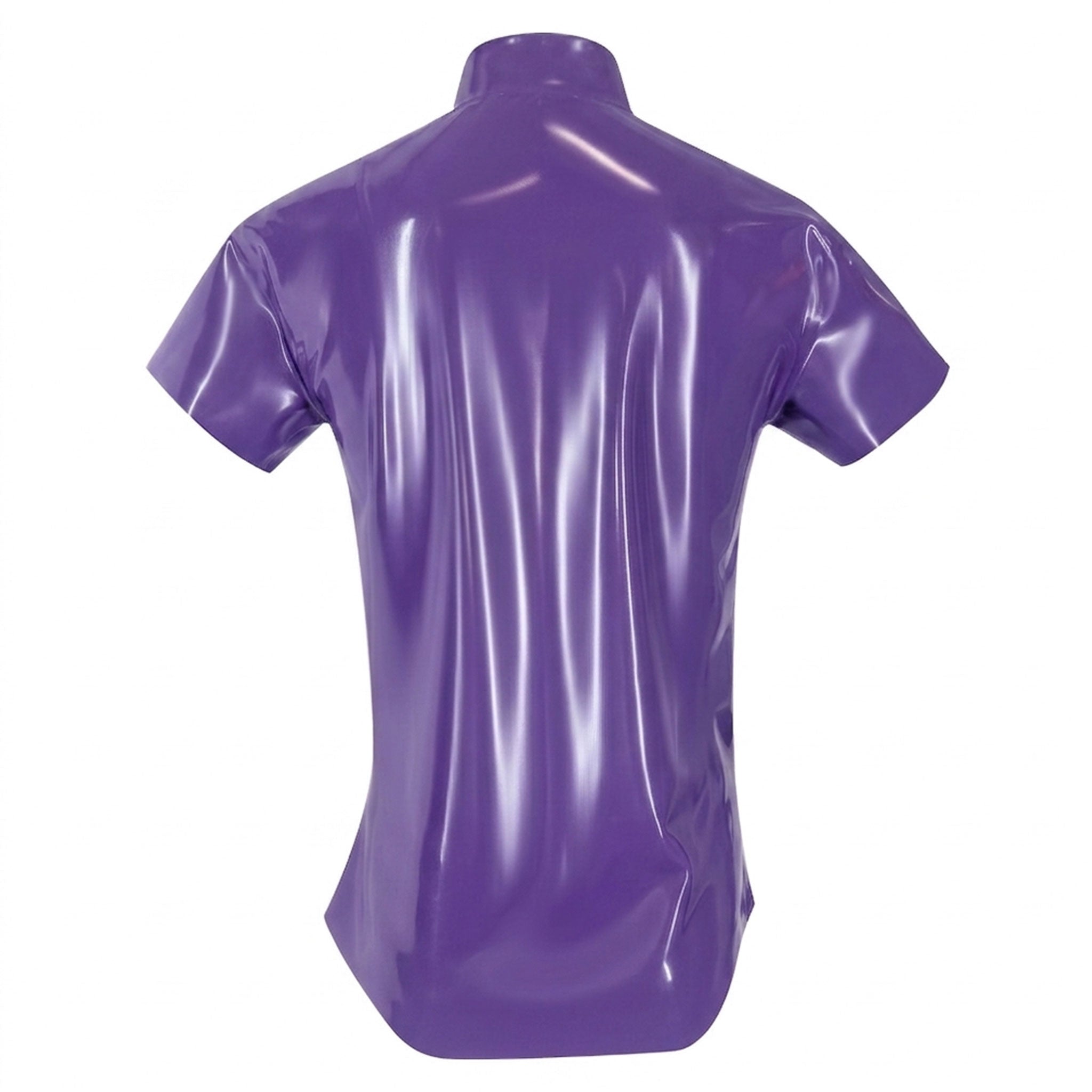 Latex rubber apparel tops shirt dress-shirt button-up button-down button-front collared split-collar point-collar lapel-collar shortsleeve short-sleeve sleeves sleeved snap-button-press-stud pocket breast-pocket chest-pocket classic fetish fashion alt-fashion casual fetishwear clubbing clubwear bdsm bdsm-fashion kink kinky kinkwear costume cosplay halloween unisex purple violet