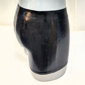 Latex rubber apparel bottoms shorts zipper front-zip waistband low-rise low-waist crotch-pouch zip-pouch front-pouch chunky-zip shiny glossy easy-access fetish fashion alt-fashion kink kinky kinkwear bondage bdsm male masculine masc mens menswear guys dudes black
