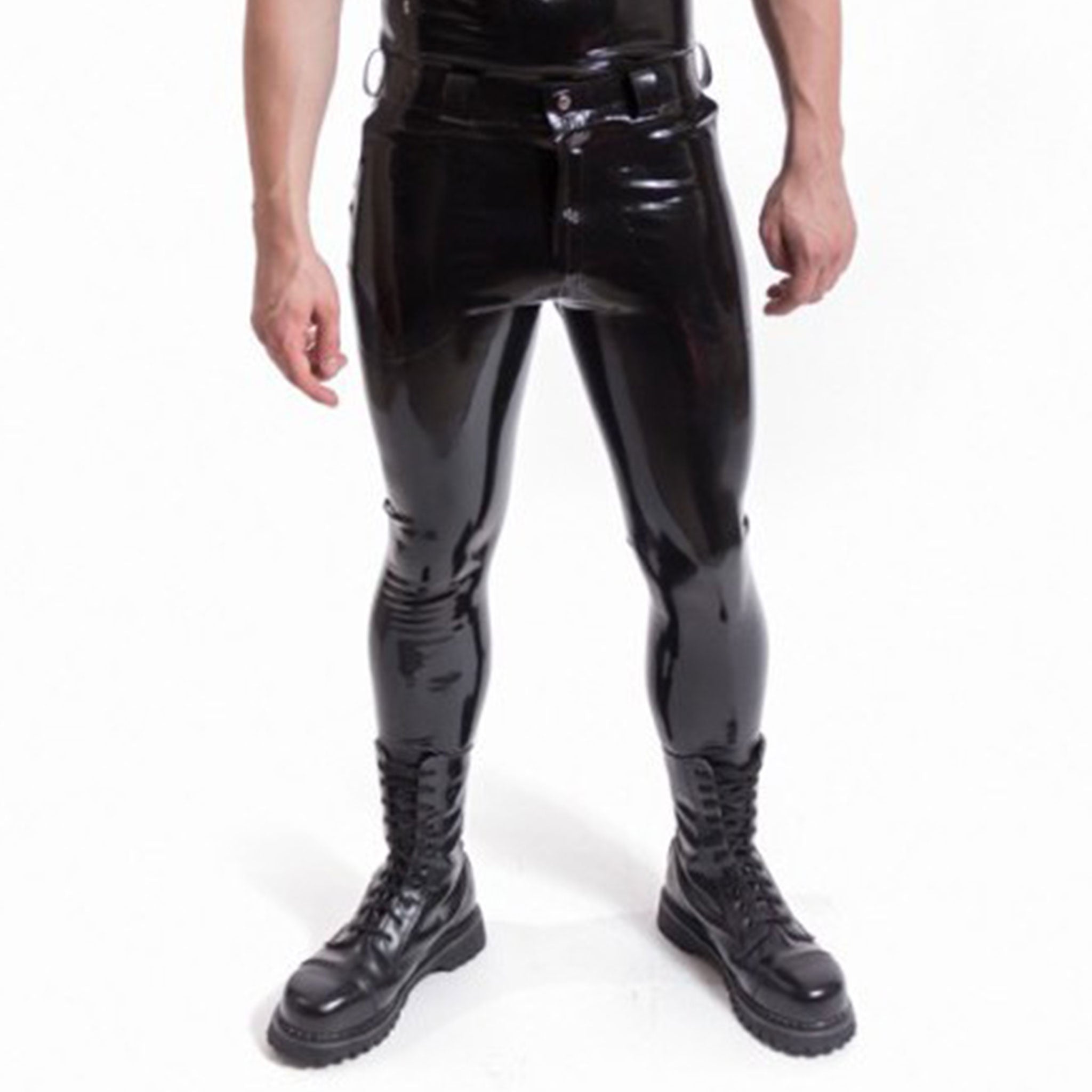 Latex rubber bottoms long-pants long-jeans pants jeans skinny-jeans skinny-leg pockets back-pockets back-patches riveted close-sitting glued-seams basic fetish fashion alt-fashion kink kinky doorbitch-proof press-stud snap-button waistband-loops belt-loops front-zip crotch-zip zipper male masculine masc mens menswear guys dudes black