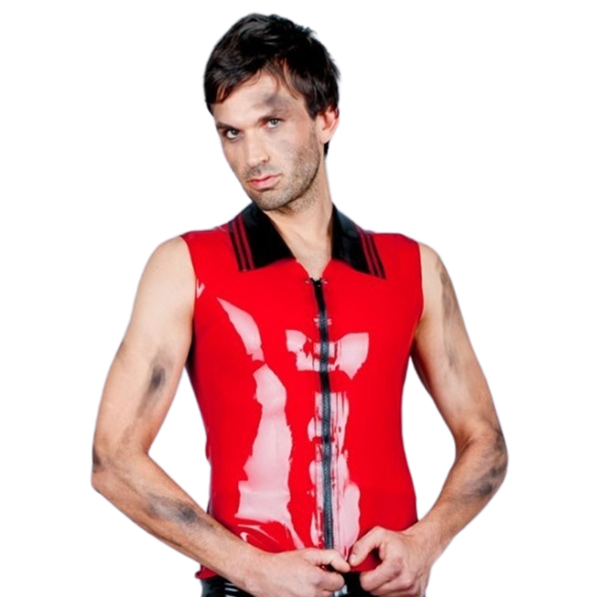 Latex rubber top shirt sleeveless collared striped-lapels front-zip zipper shiny glossy fetish fahsion party club clubwear male masculine masc mens menswear guys dudes red black