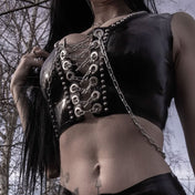 Latex rubber stainless-steel chain hanging-chains top sleeveless croptop crop-top chain-lacing eyelets studded studded-trim studs zipper back-zip full-length adjustable shiny glossy fetish fashion alt-fashion punk goth gothic costume cosplay halloween female femme feminine womens black
