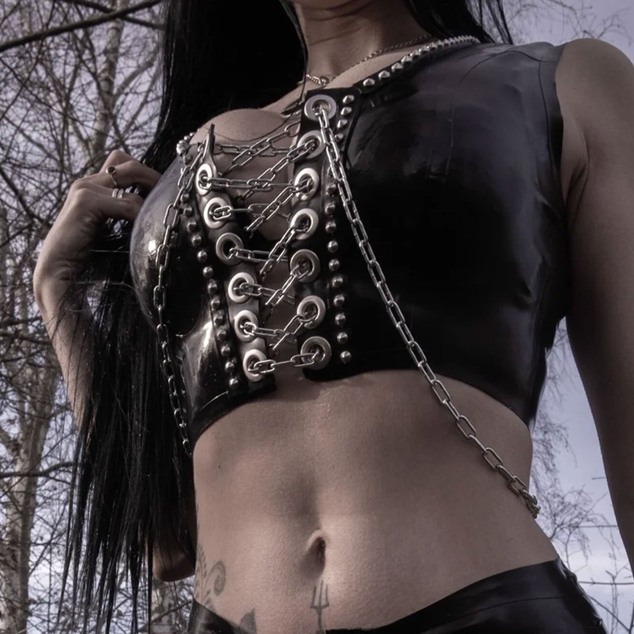 Latex rubber stainless-steel chain hanging-chains top sleeveless croptop crop-top chain-lacing eyelets studded studded-trim studs zipper back-zip full-length adjustable shiny glossy fetish fashion alt-fashion punk goth gothic costume cosplay halloween female femme feminine womens black