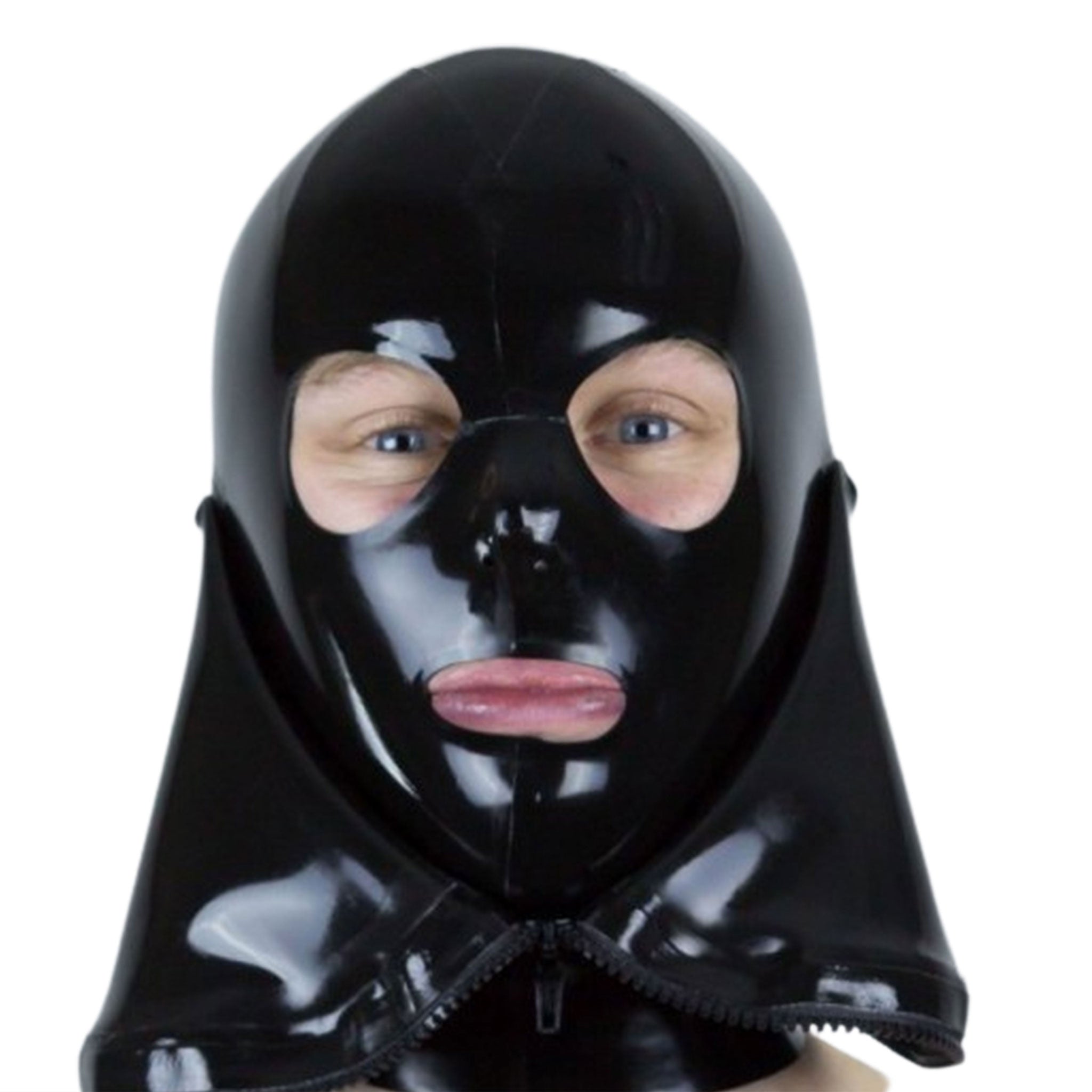 Latex rubber cut-and-glued hood mask 2-layer two-layer enclosed enclosure sensory-deprivation inner inside anatomical deprive block back zip zipper bondage bdsm bdsm-gear bdsm-play kink kinky kinky-play extreme accessories black